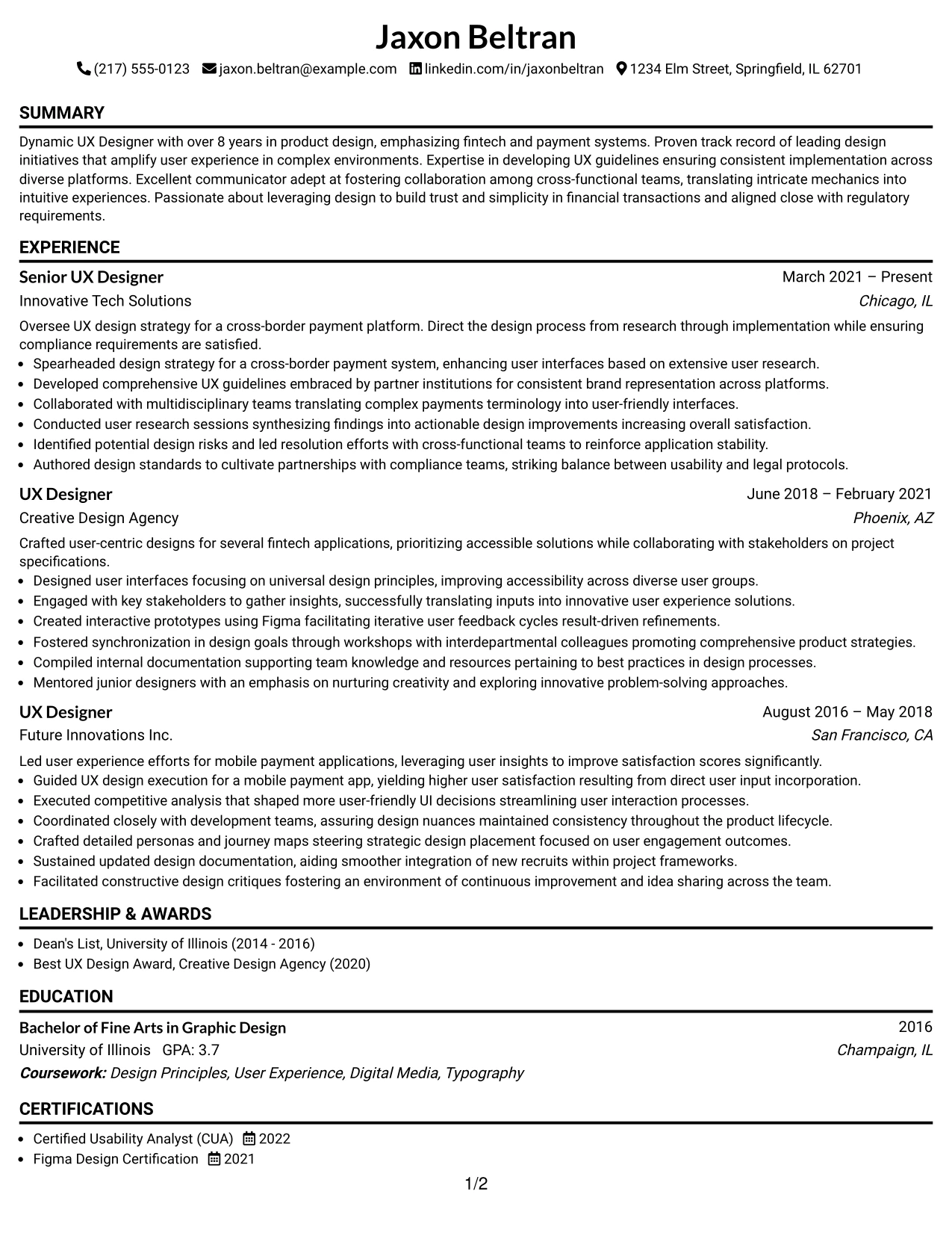 Resume Example Page 1