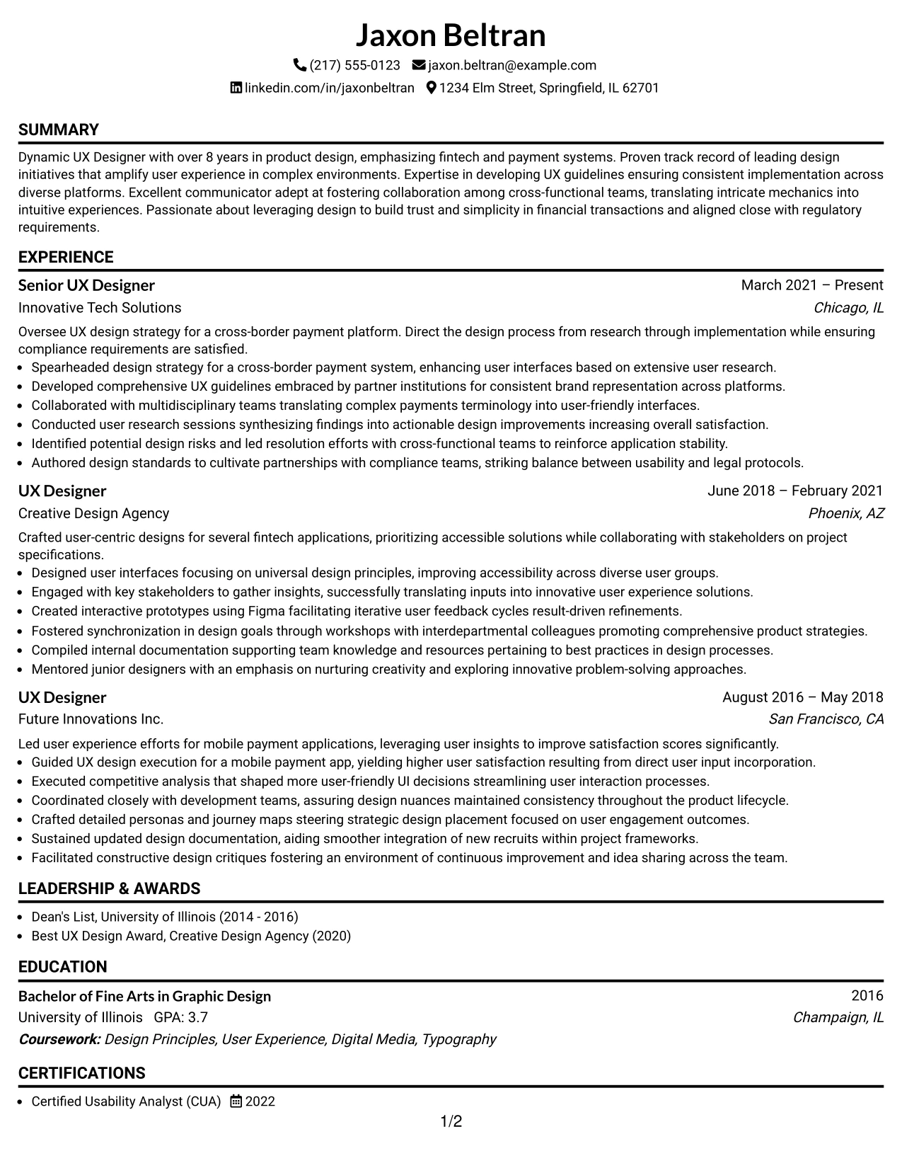 Resume Example Page 1