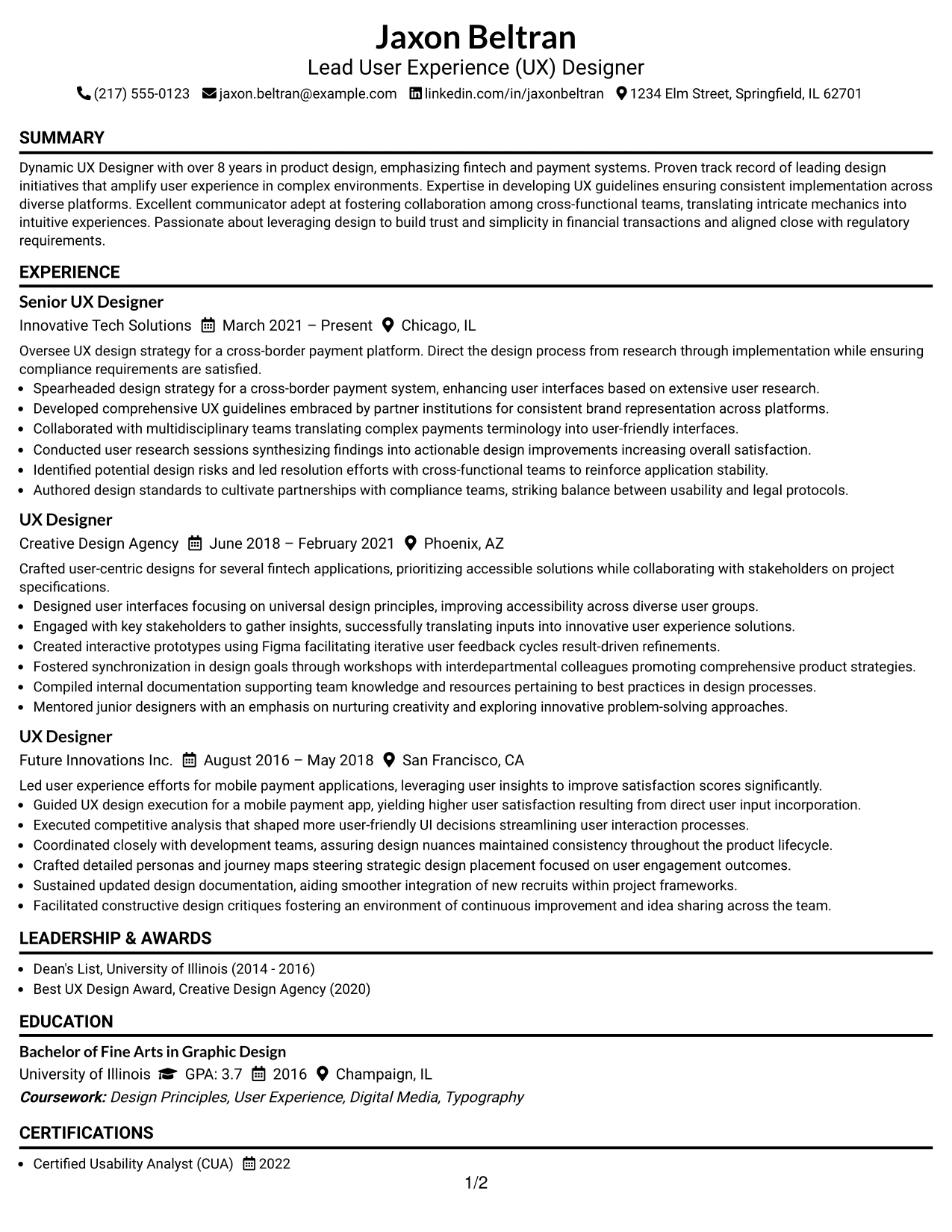 Resume Example Page 1
