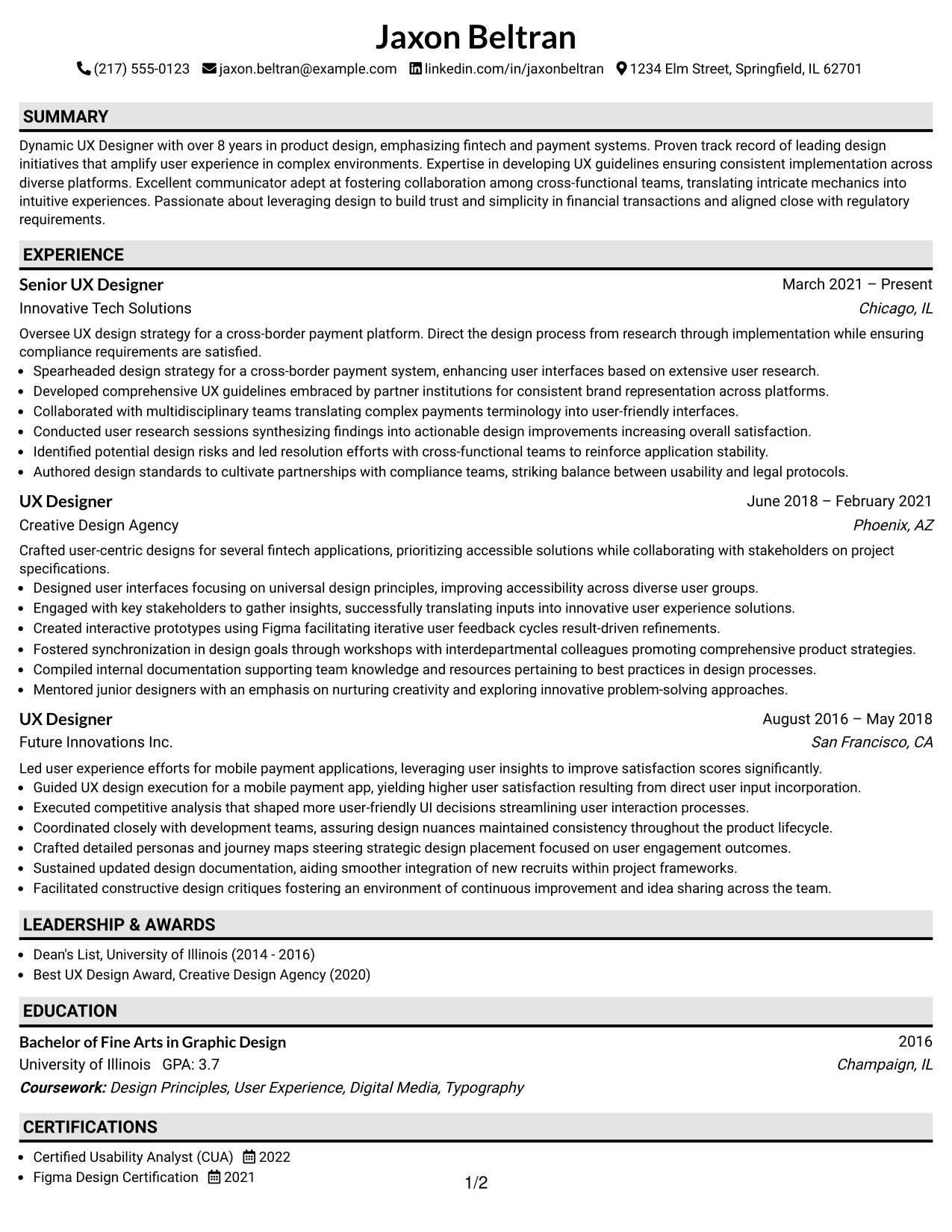 Resume Example Page 1