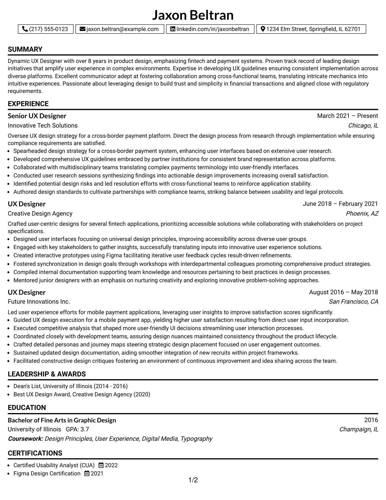 Resume Example Page 1