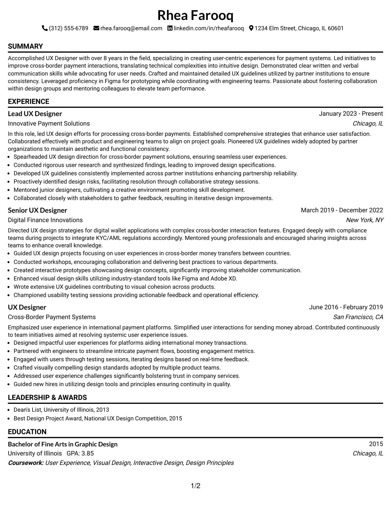 Resume Example Page 1
