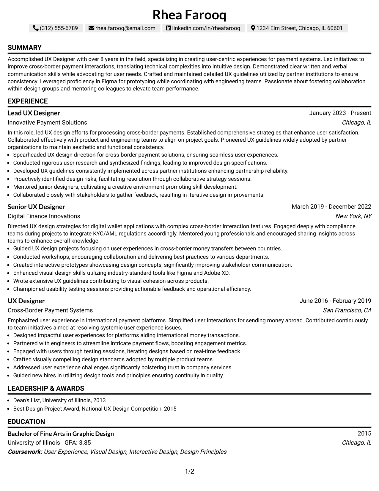 Resume Example Page 1