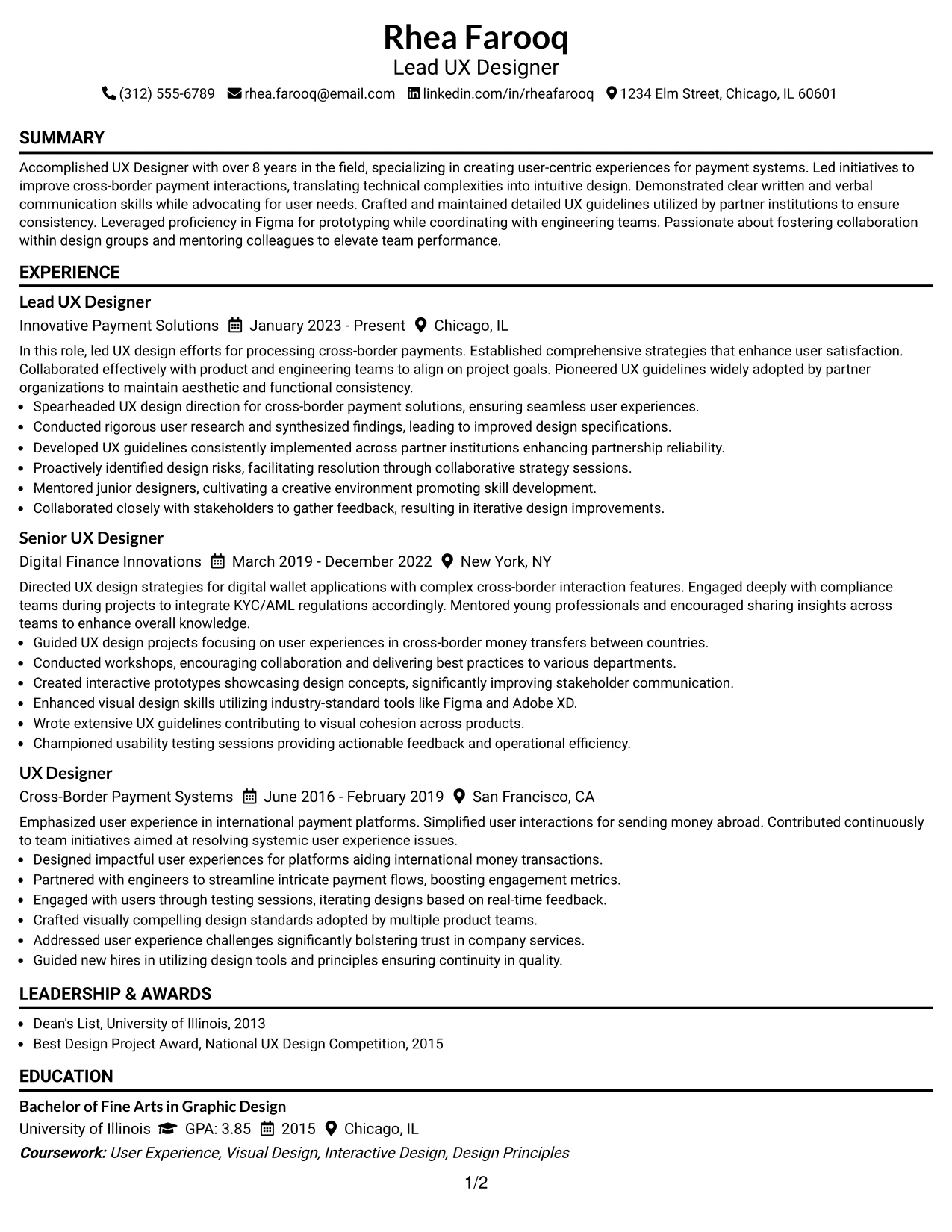 Resume Example Page 1