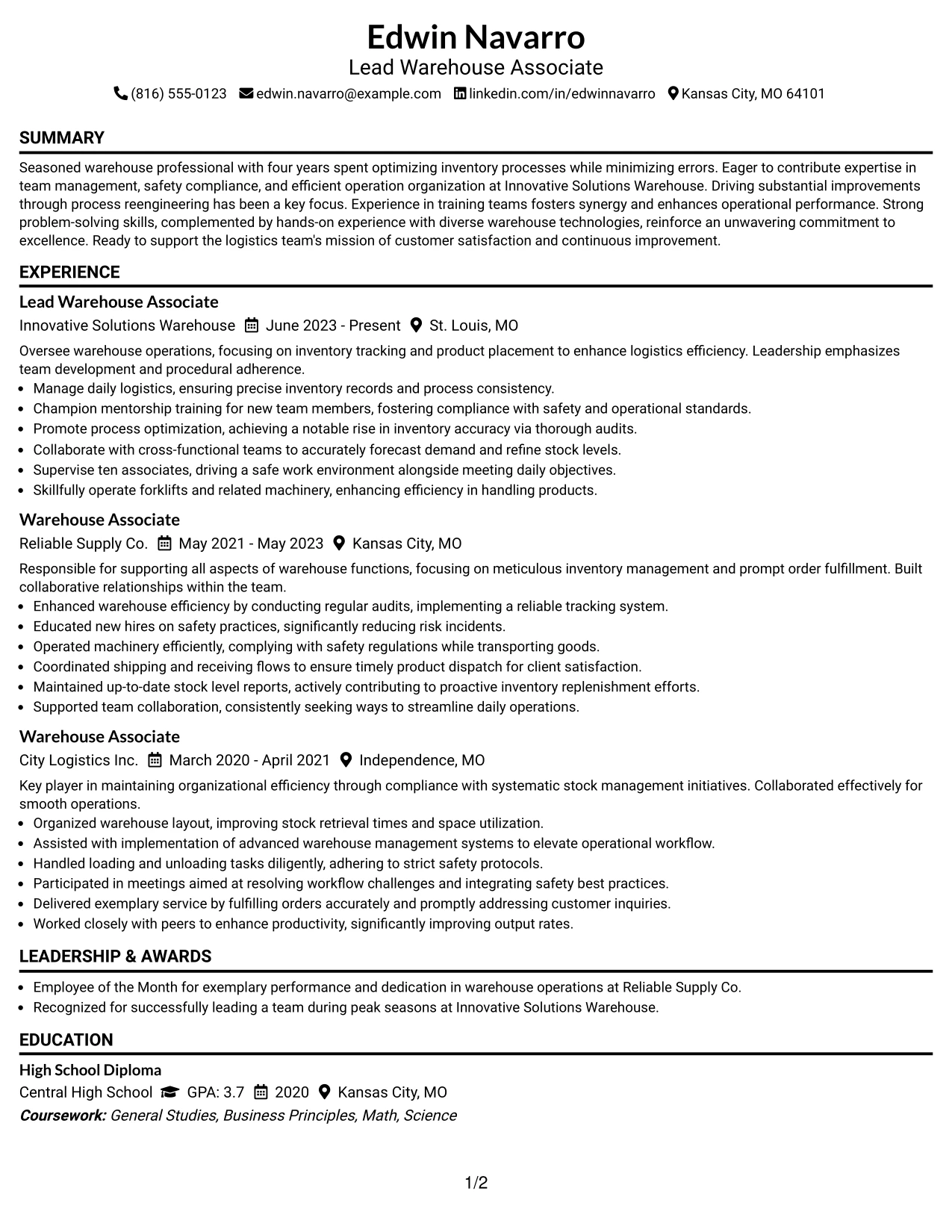Resume Example Page 1