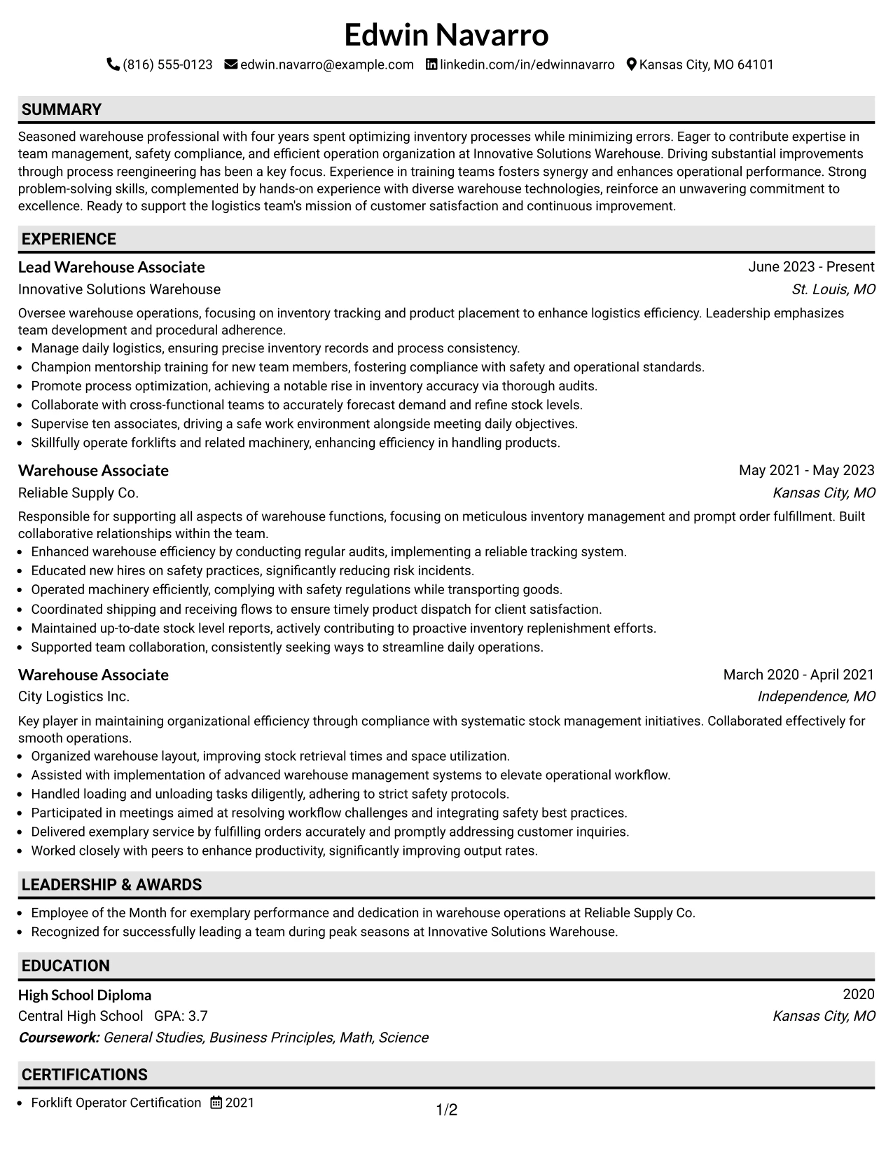 Resume Example Page 1