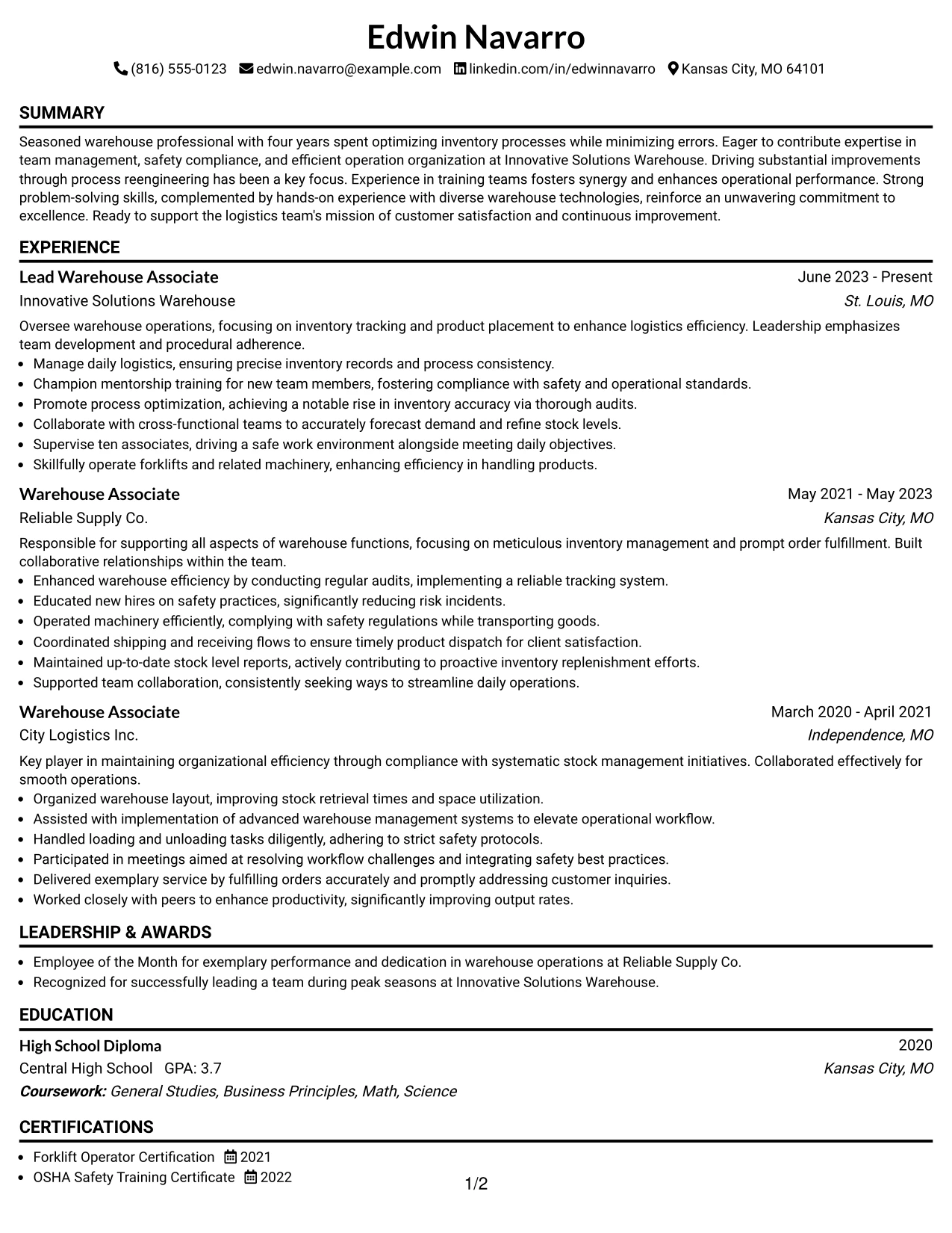 Resume Example Page 1