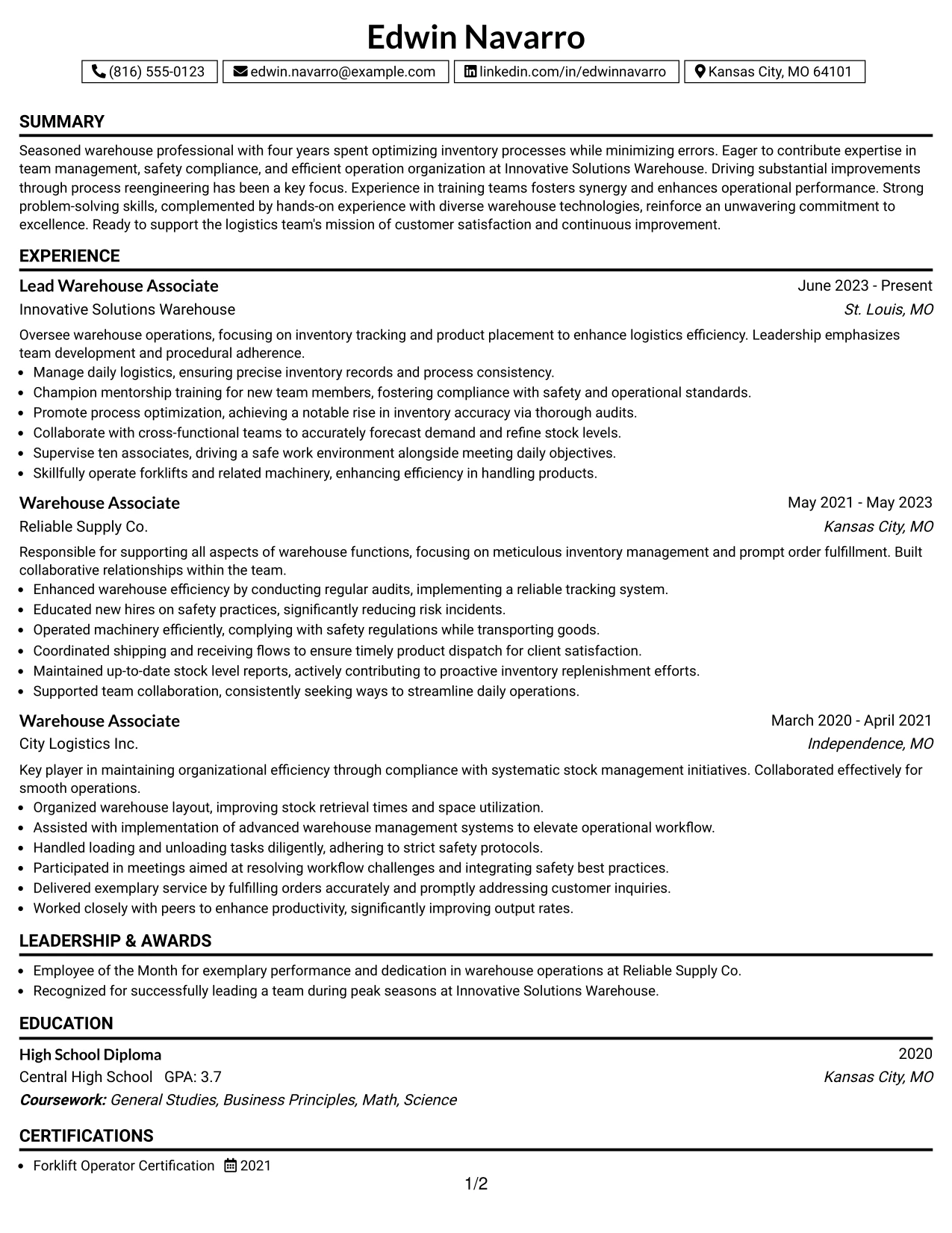 Resume Example Page 1