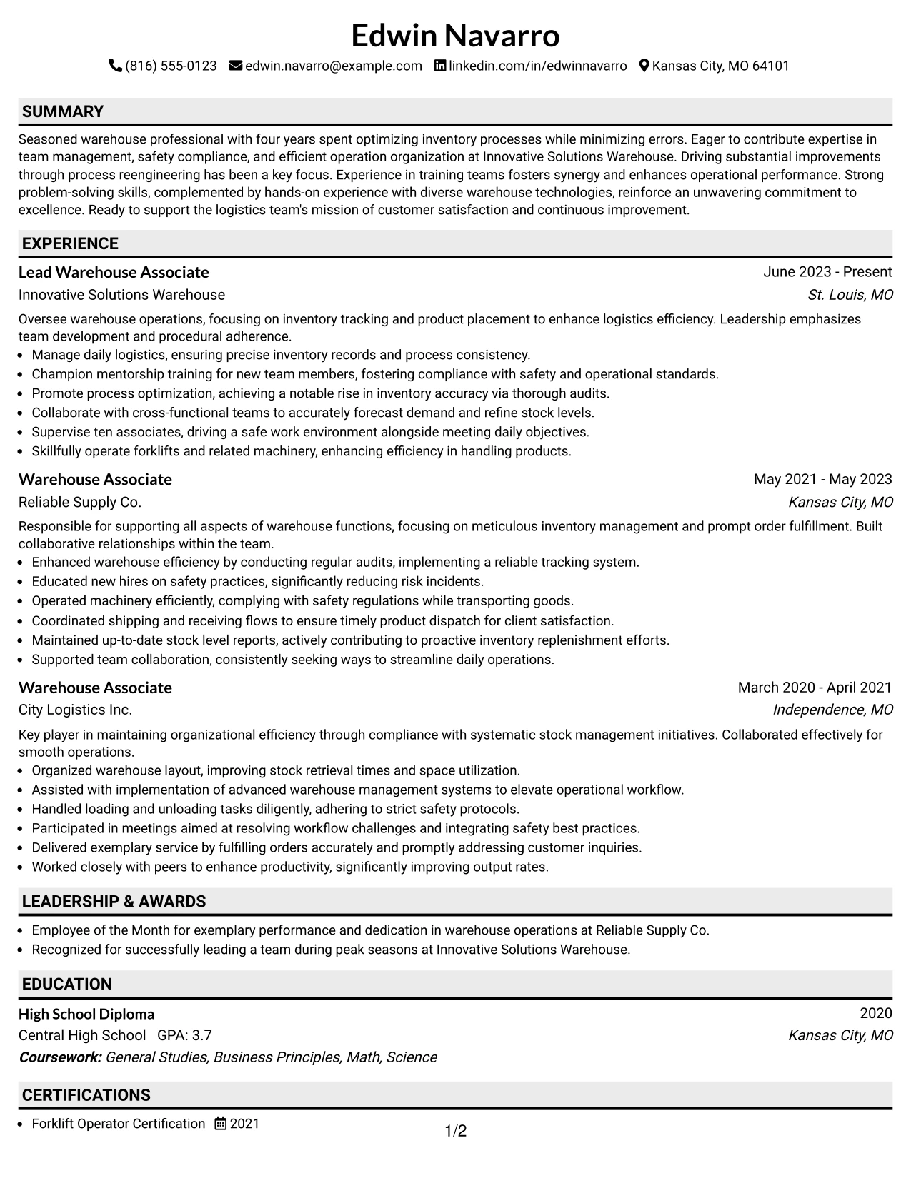 Resume Example Page 1