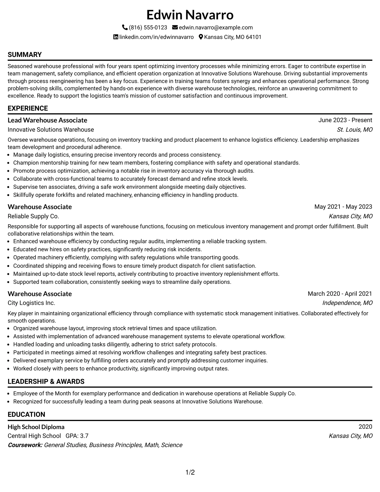Resume Example Page 1