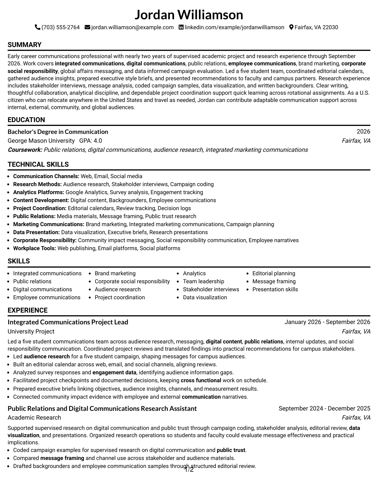 Resume Example Page 1