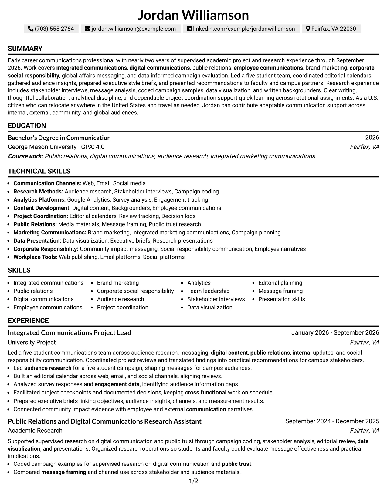 Resume Example Page 1
