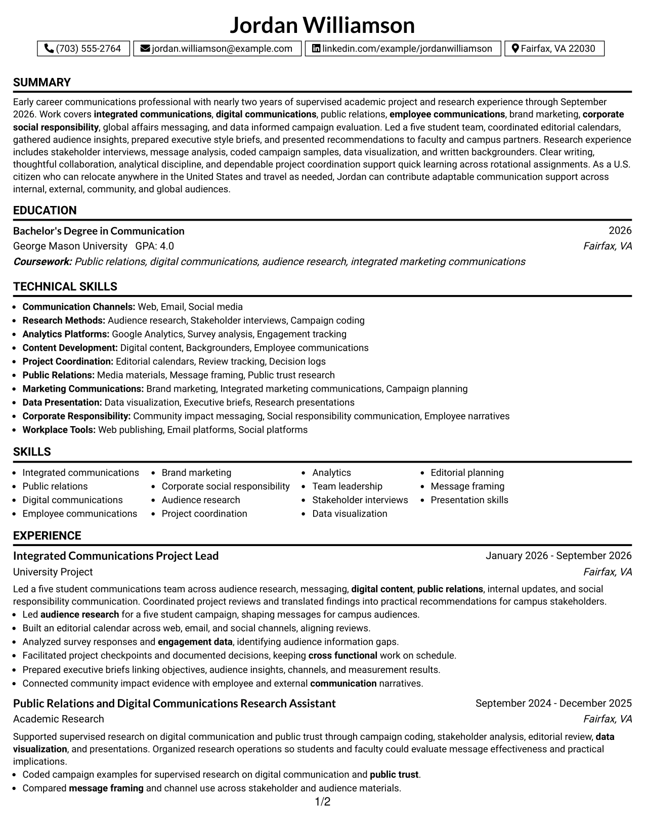 Resume Example Page 1
