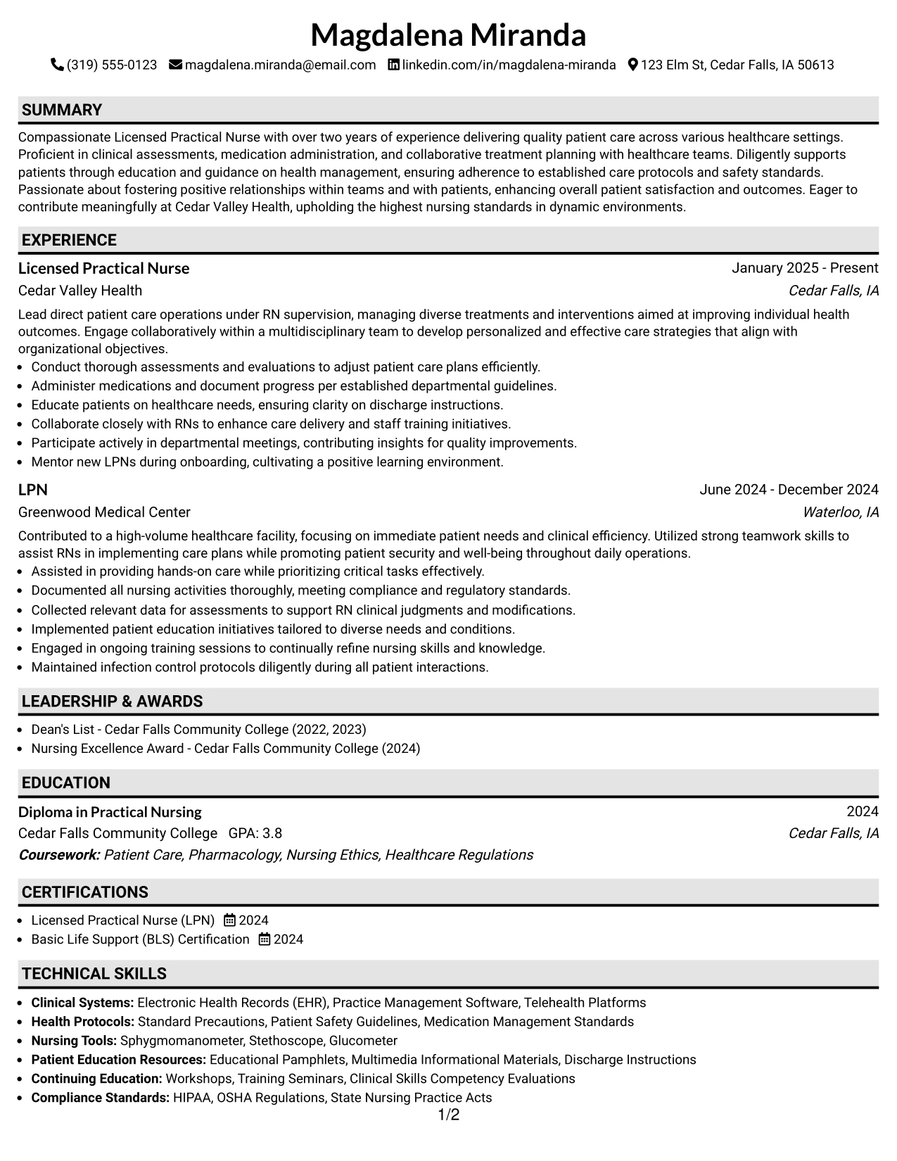 Resume Example Page 1