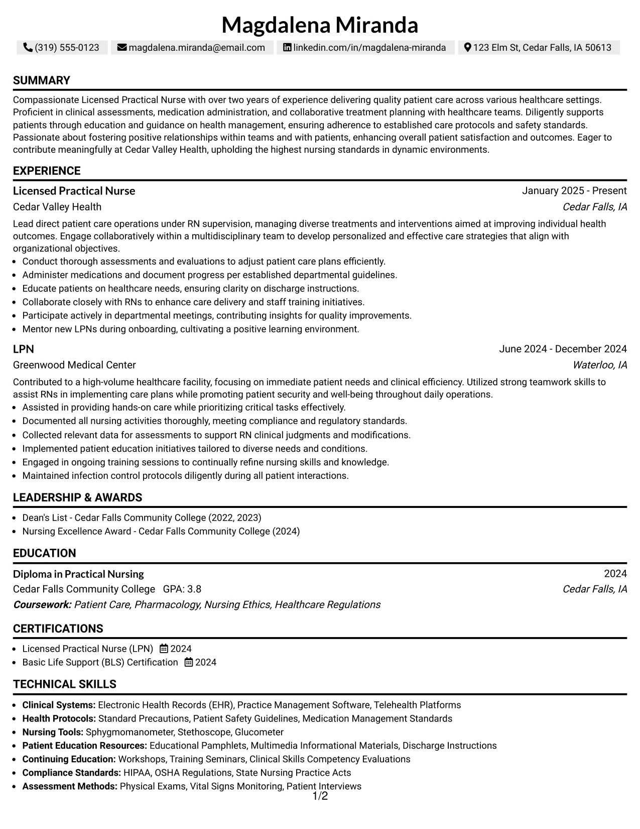 Resume Example Page 1