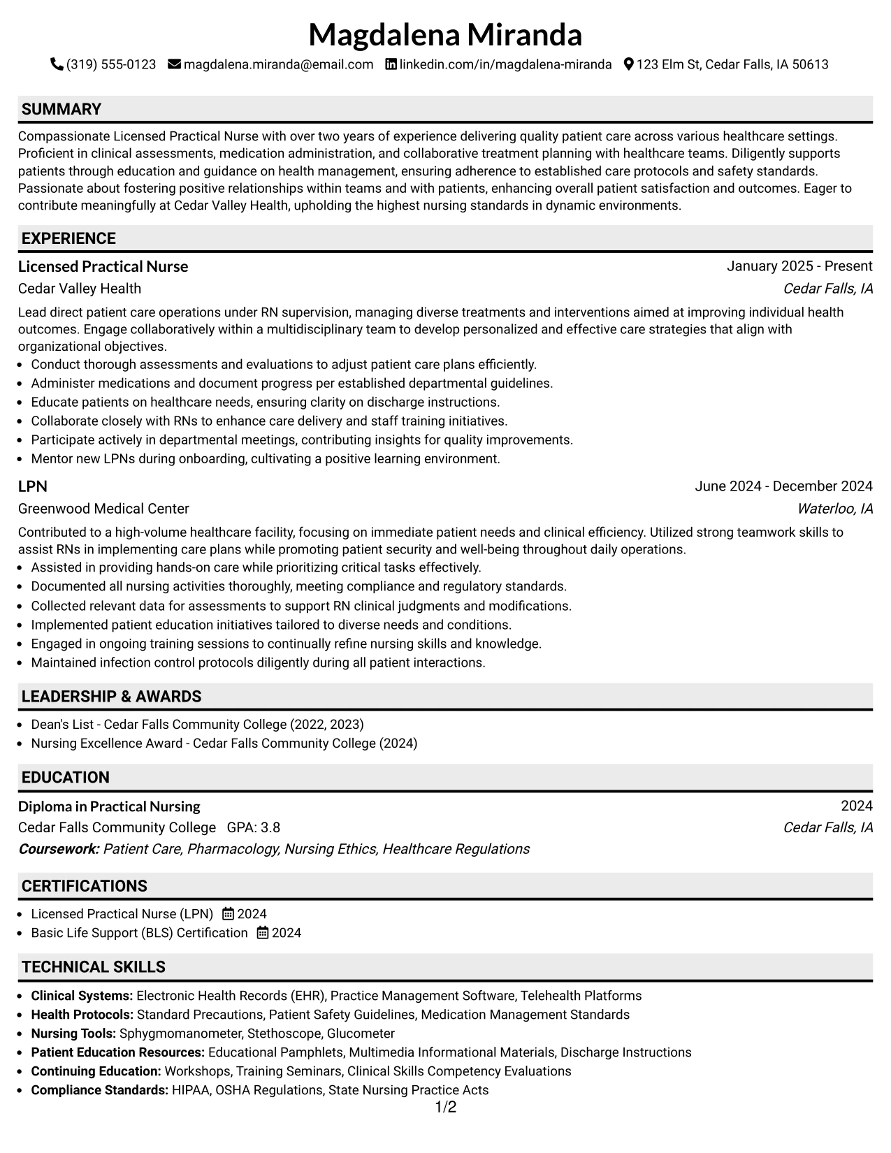 Resume Example Page 1