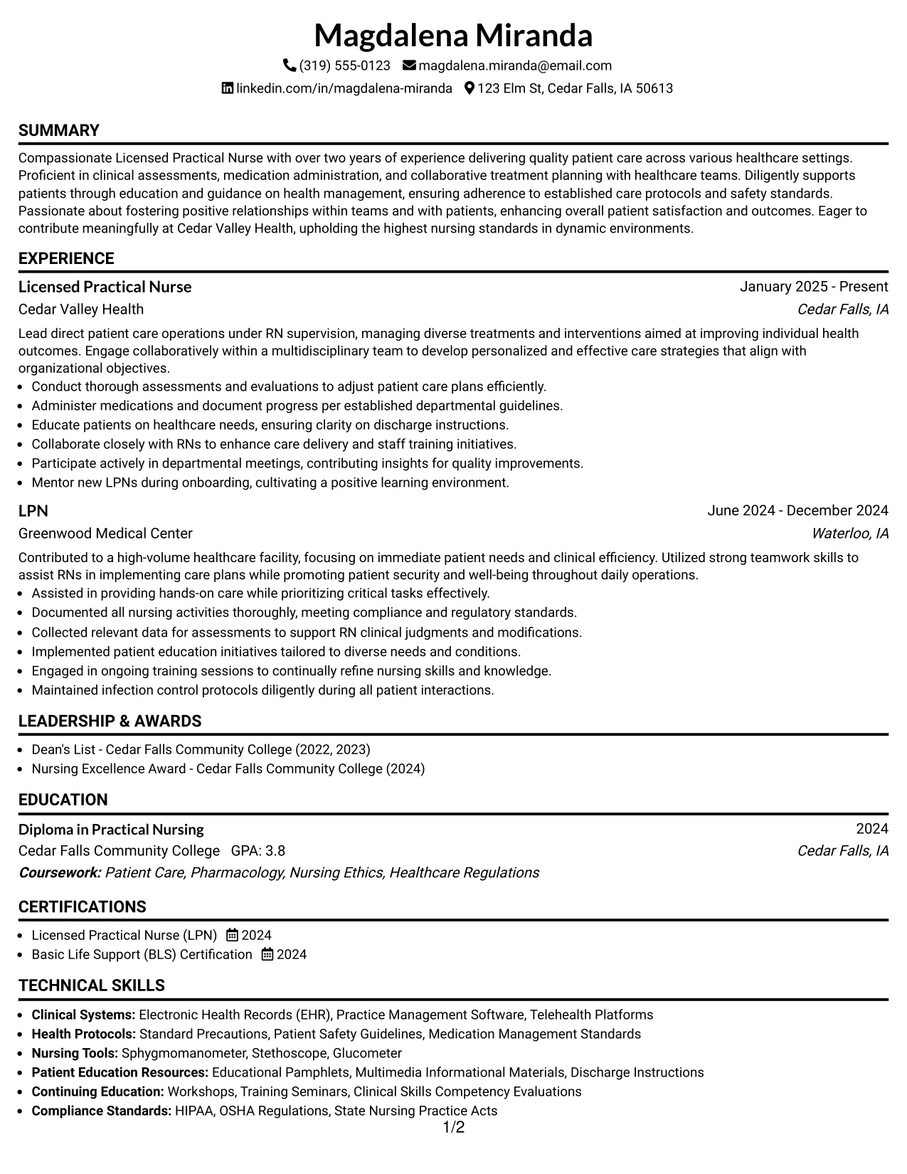 Resume Example Page 1