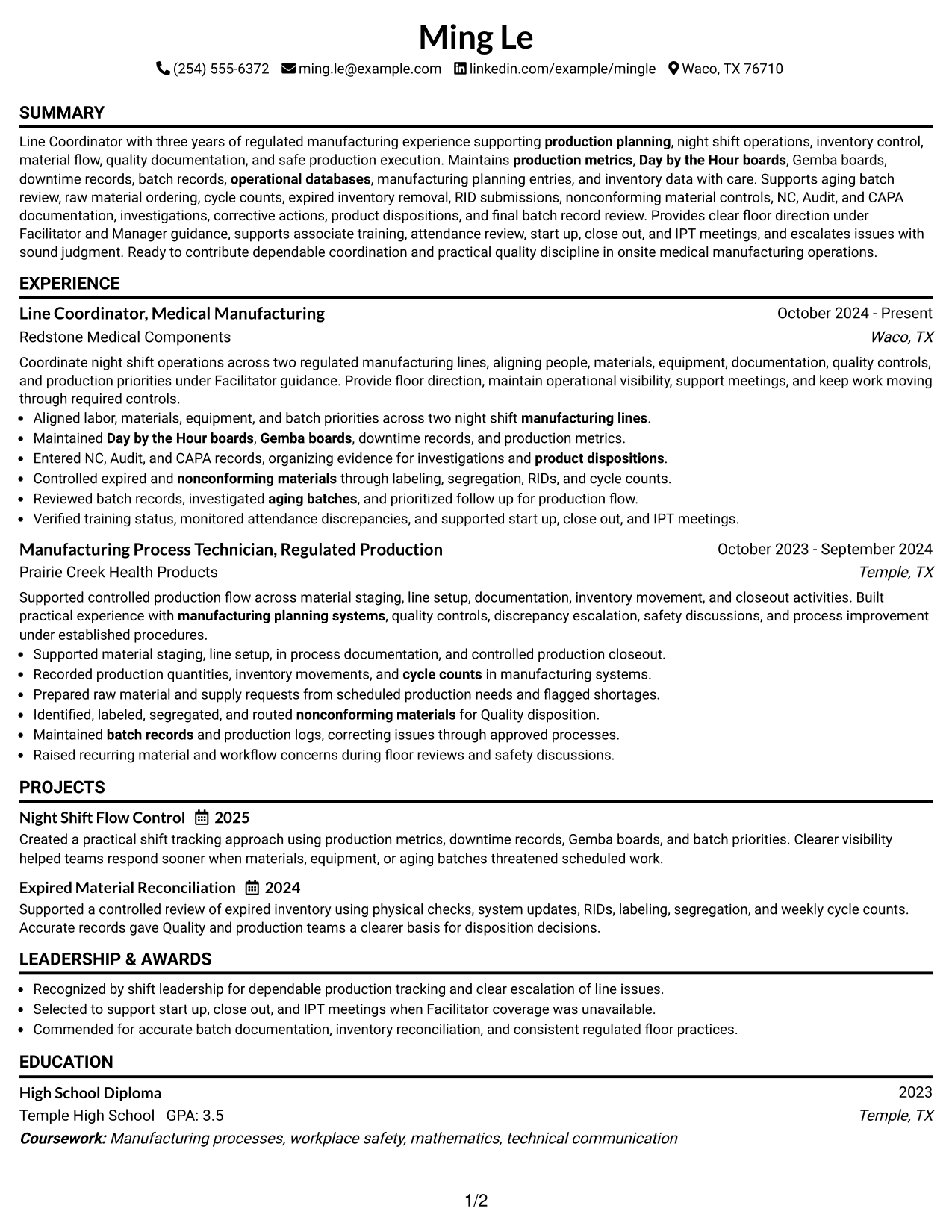 Resume Example Page 1