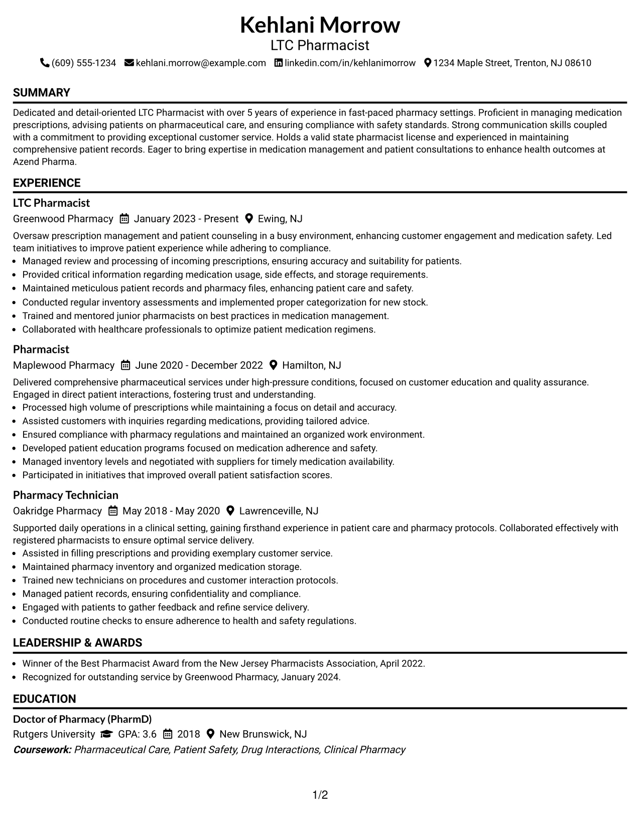 Resume Example Page 1