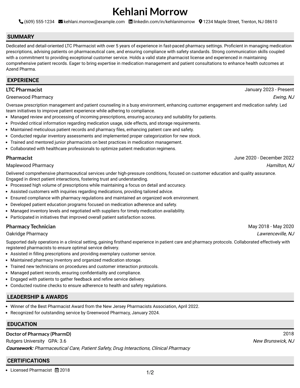 Resume Example Page 1