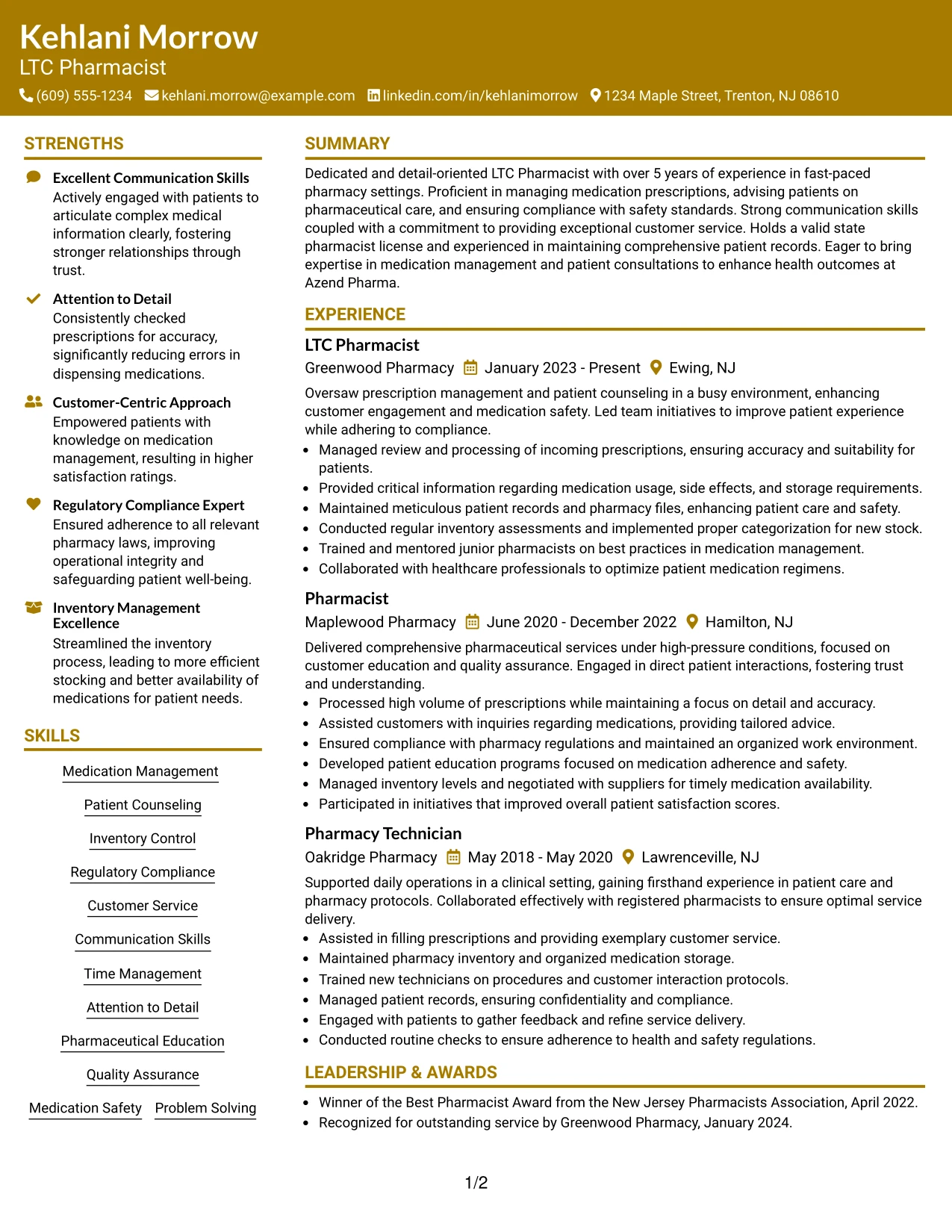Resume Example Page 1