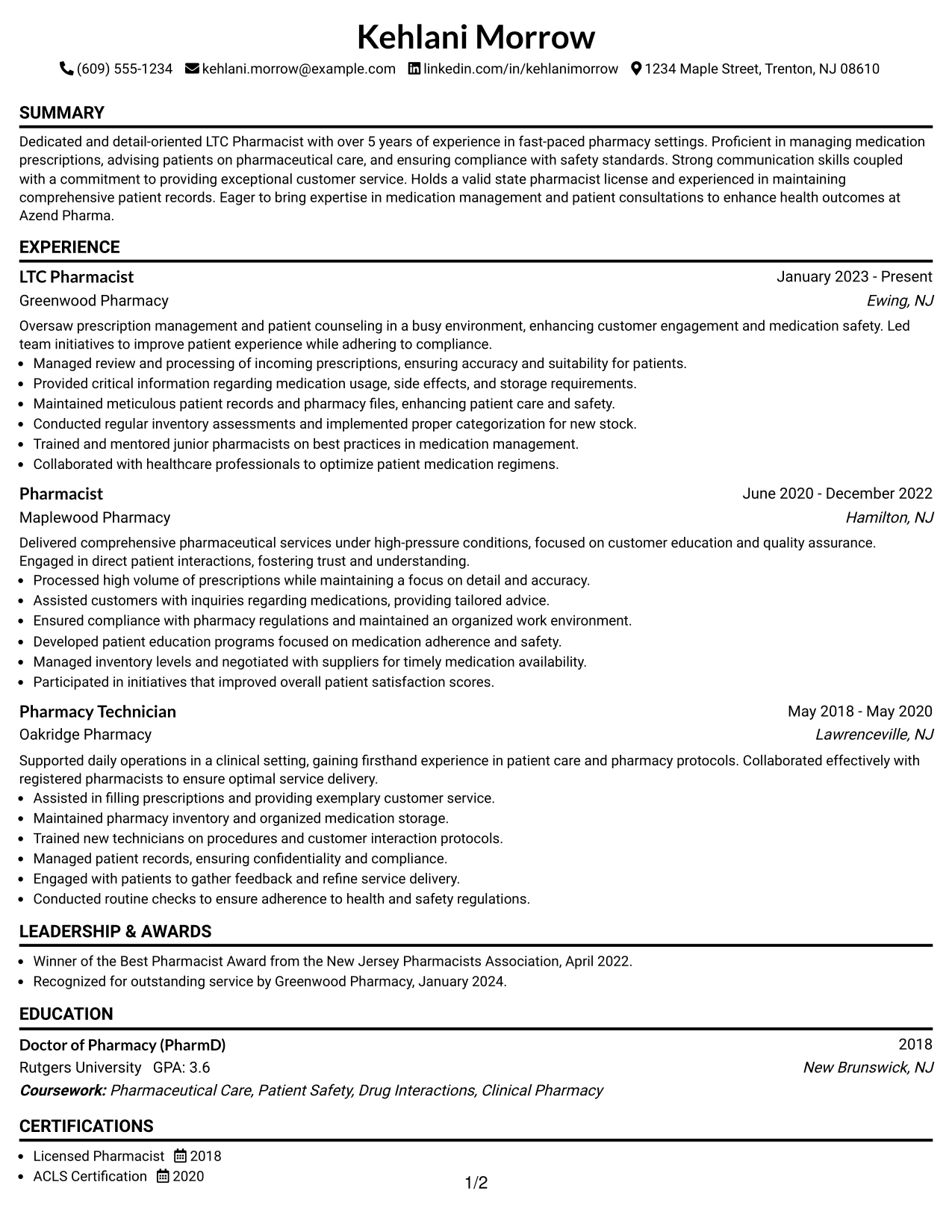 Resume Example Page 1