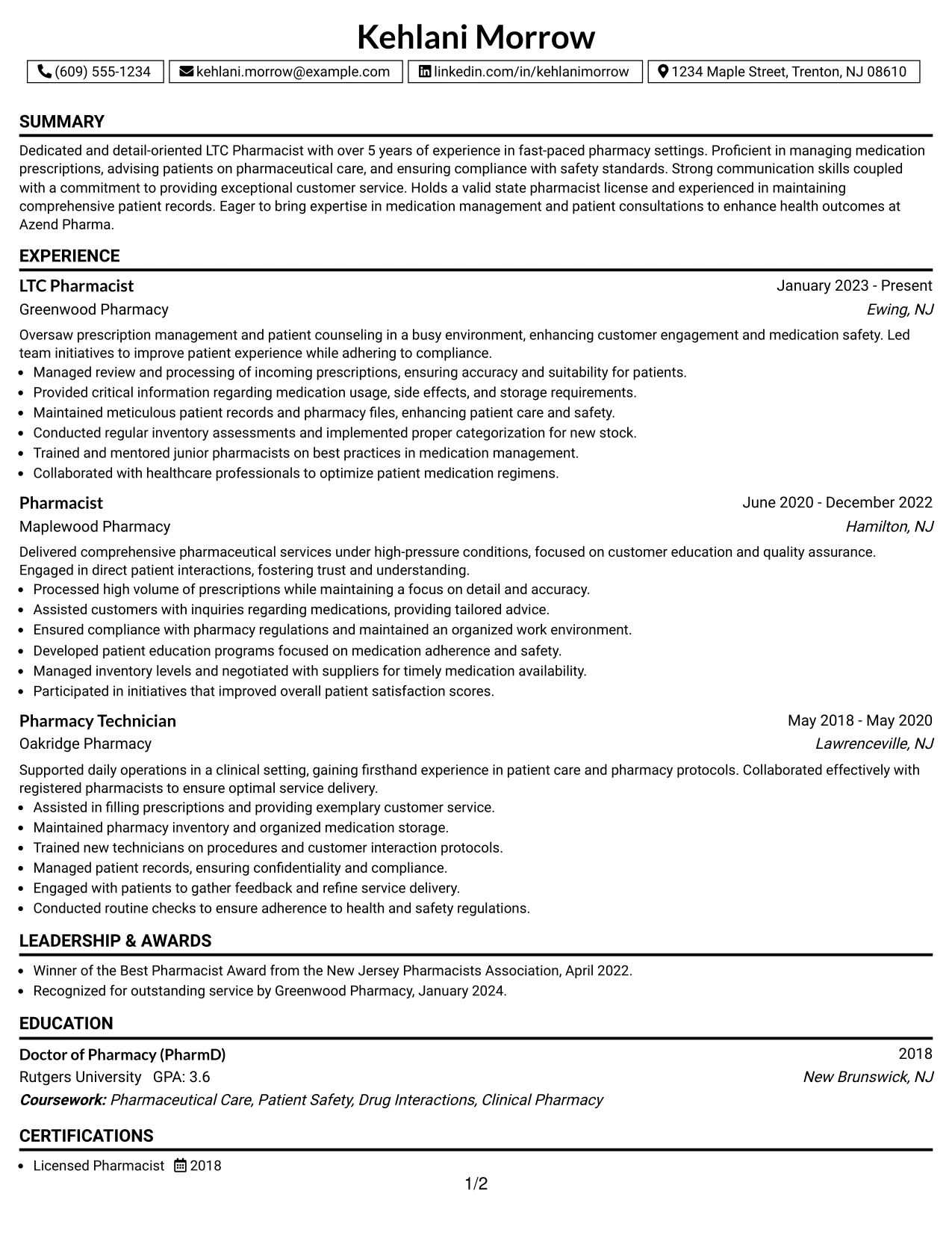 Resume Example Page 1
