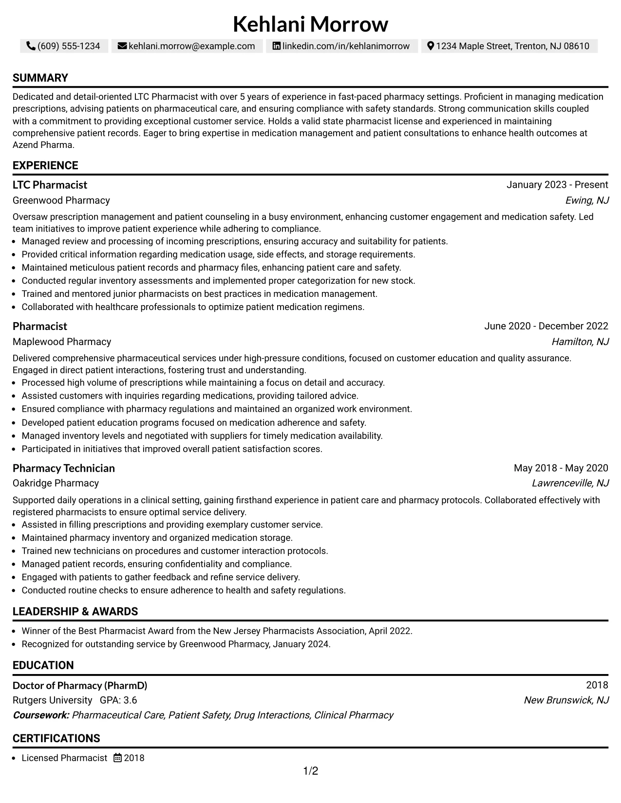 Resume Example Page 1
