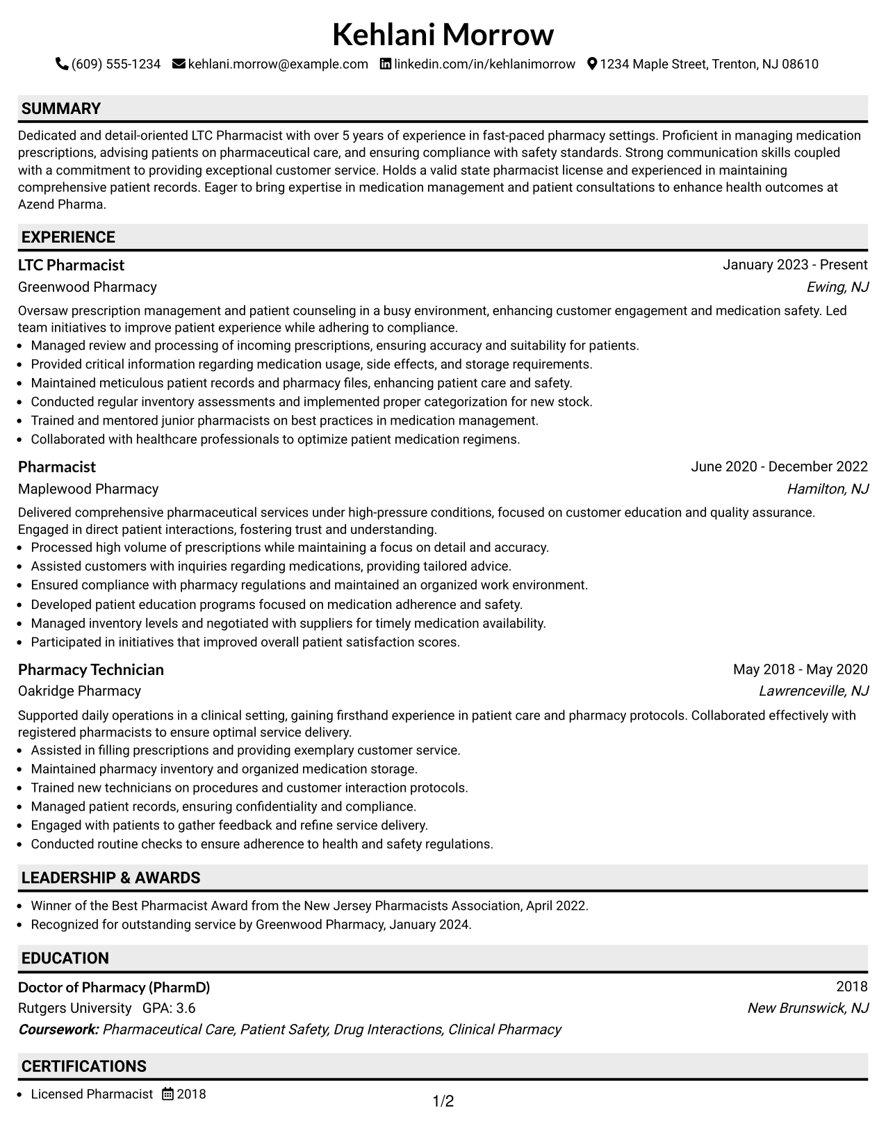 Resume Example Page 1