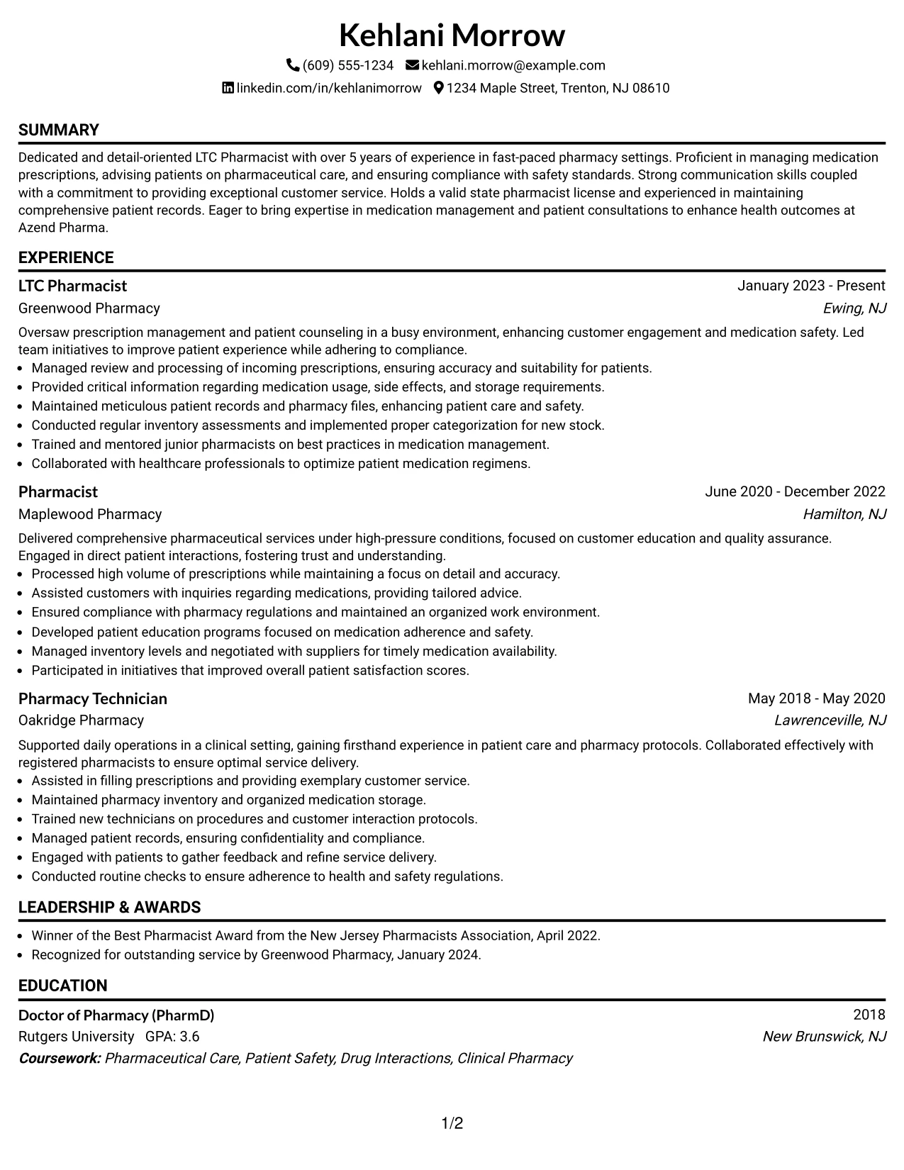 Resume Example Page 1