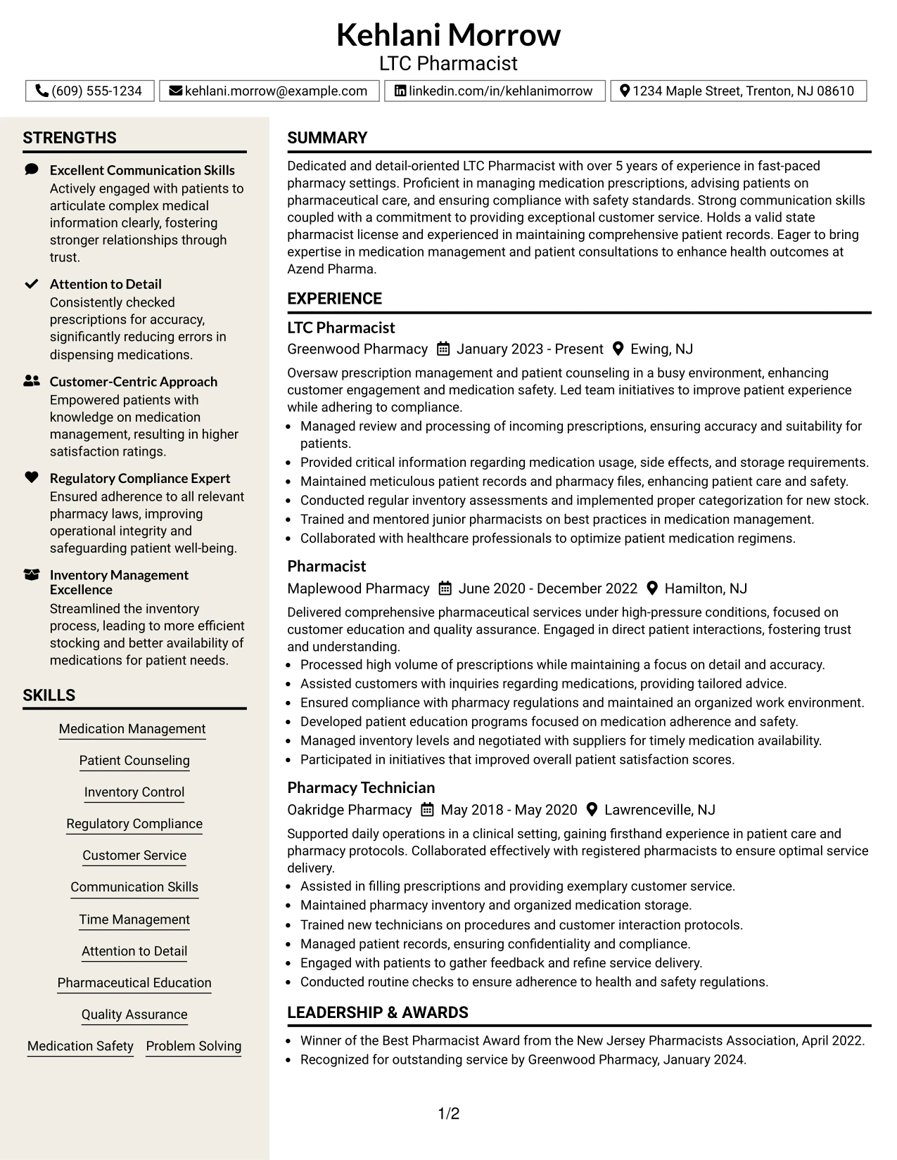 Resume Example Page 1