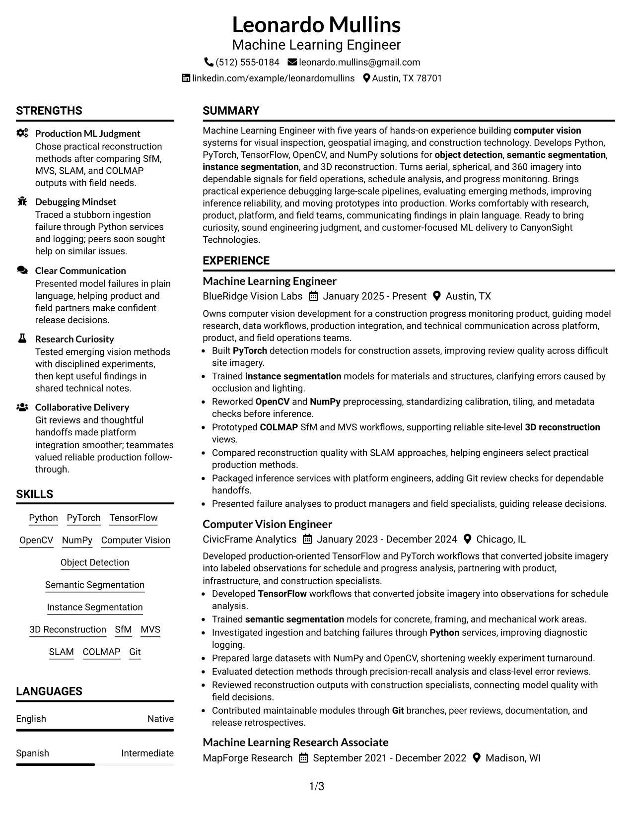 Resume Example Page 1