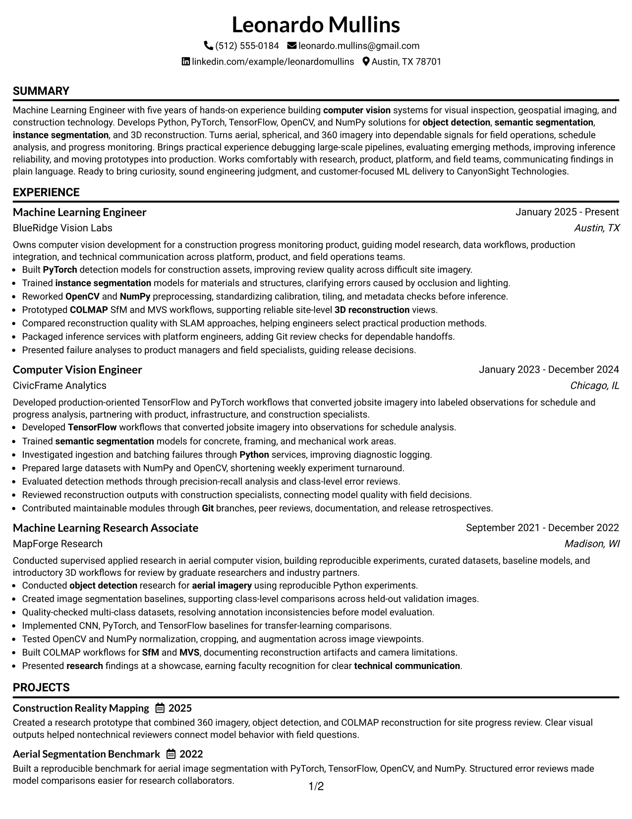 Resume Example Page 1