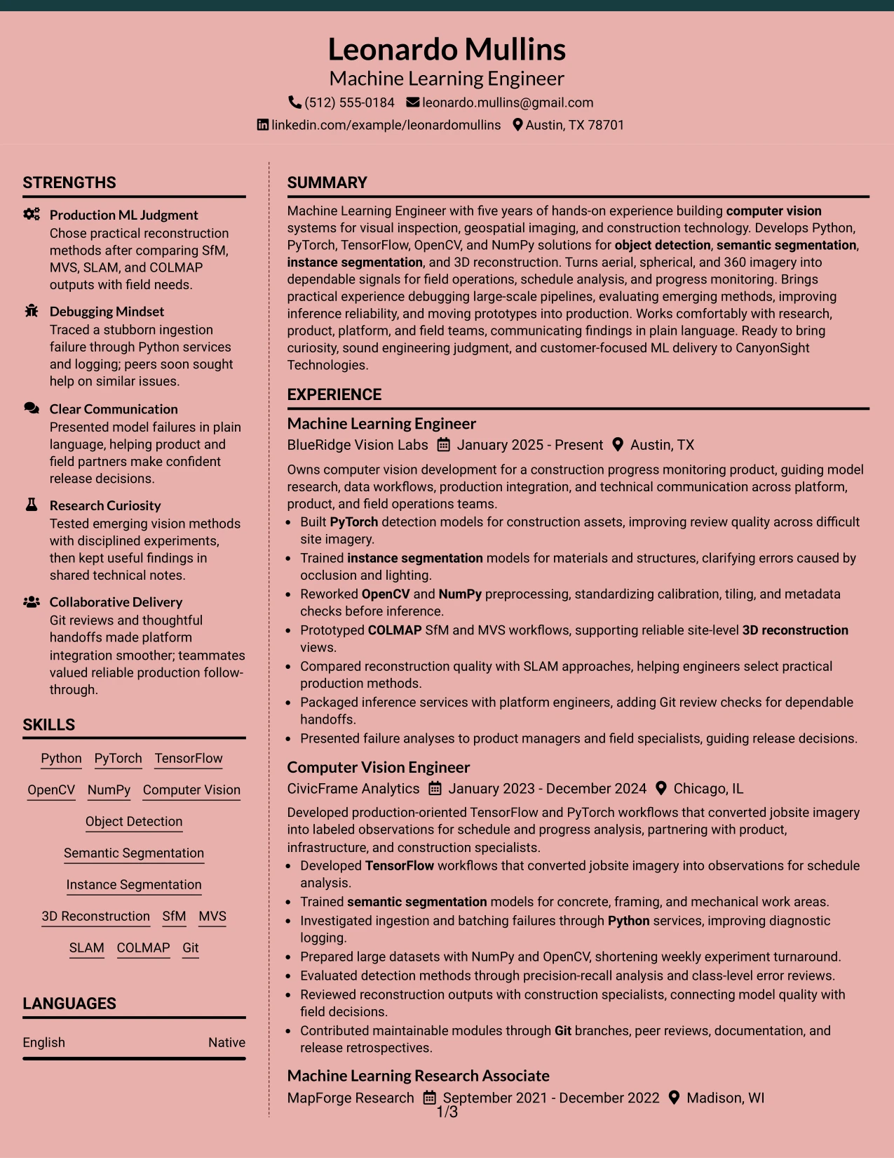 Resume Example Page 1