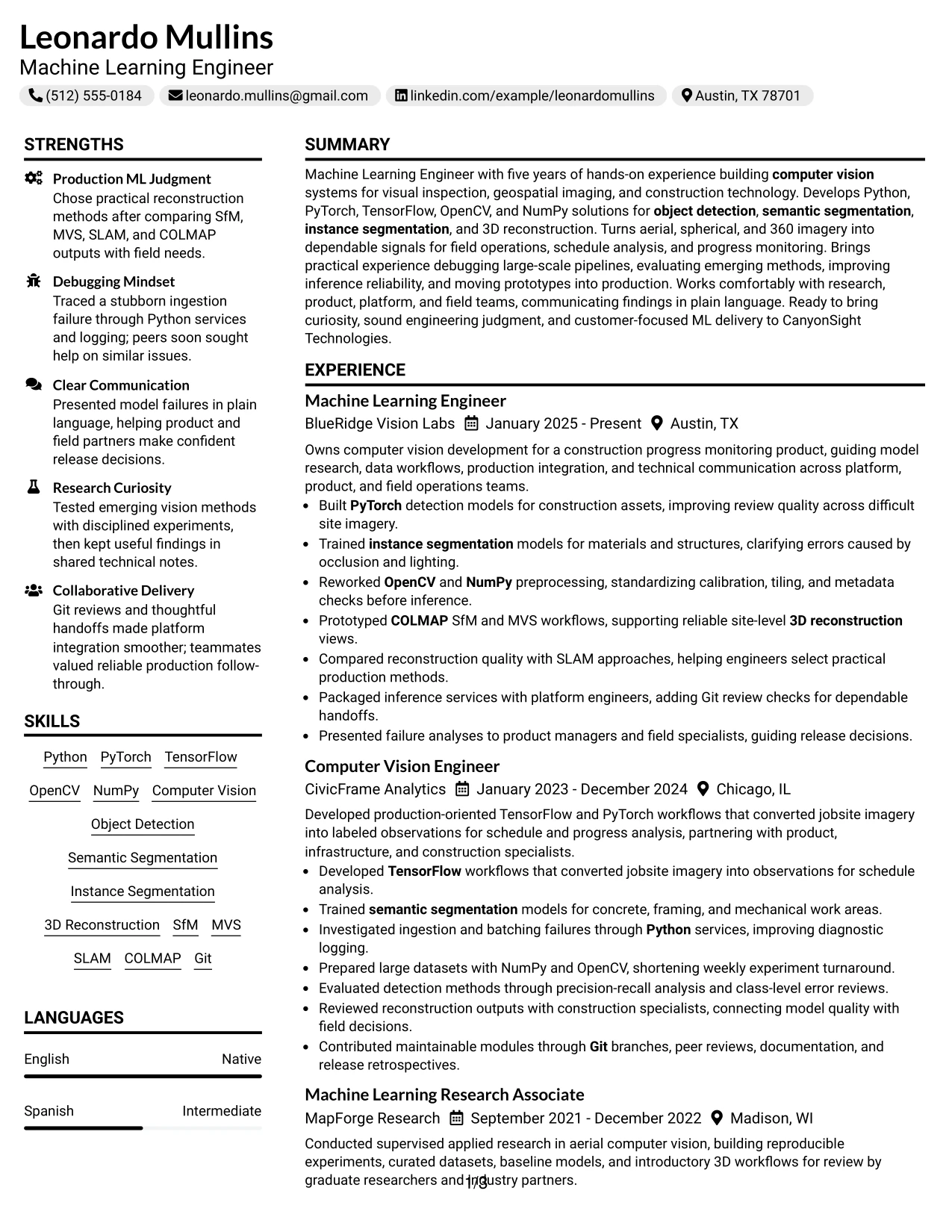 Resume Example Page 1