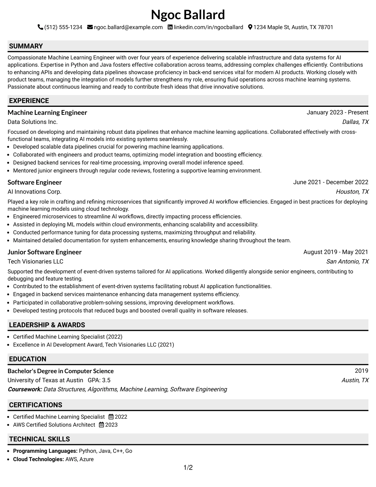 Resume Example Page 1