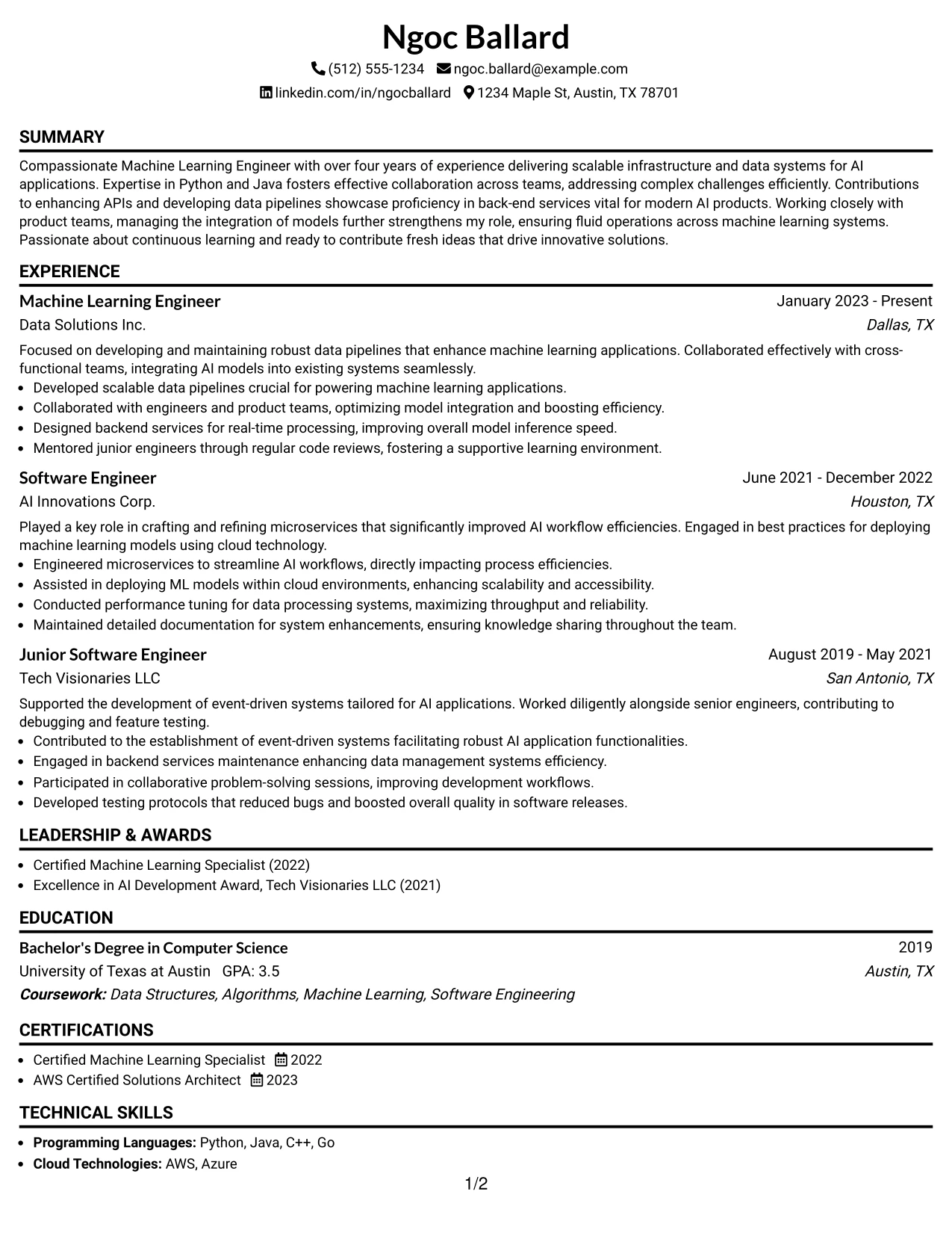 Resume Example Page 1