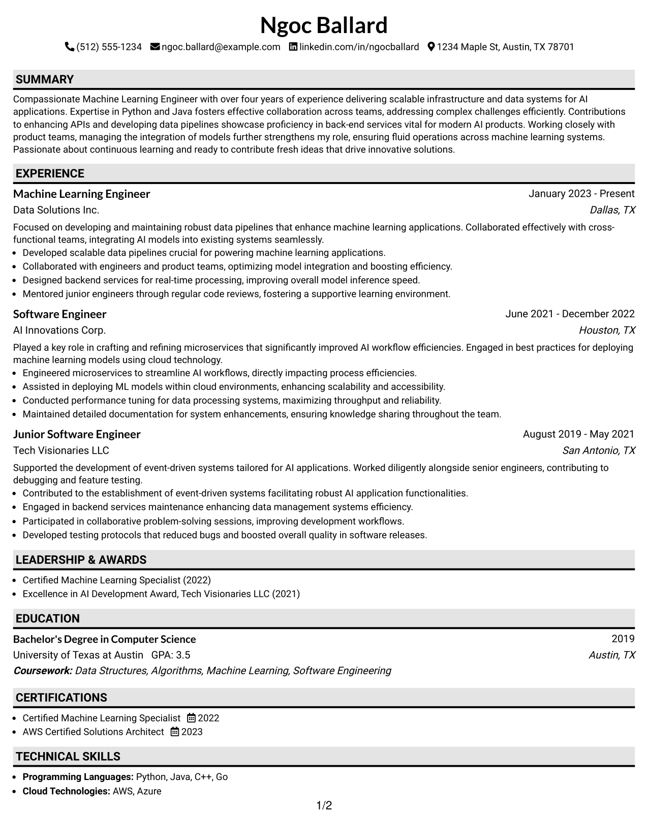 Resume Example Page 1