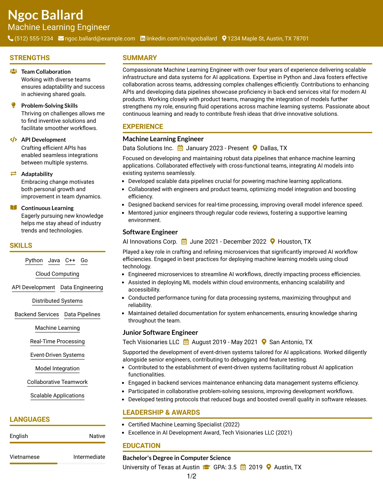 Resume Example Page 1