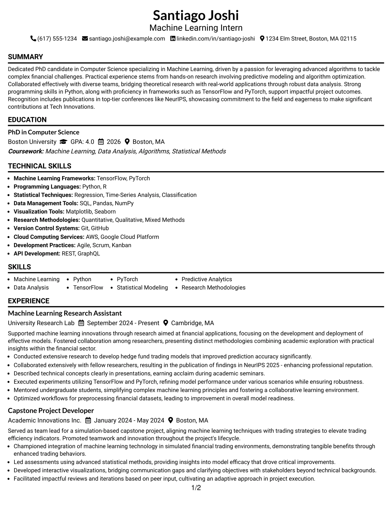 Resume Example Page 1