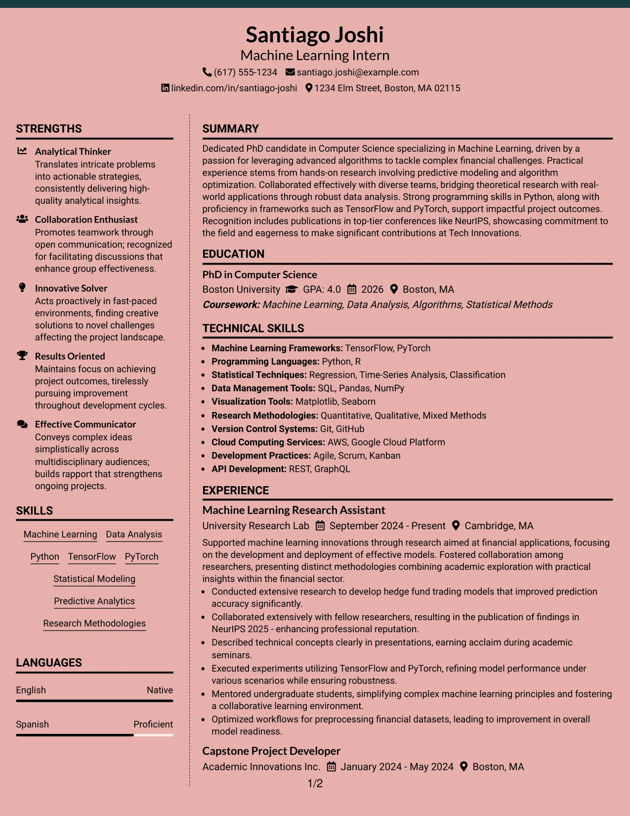 Resume Example Page 1
