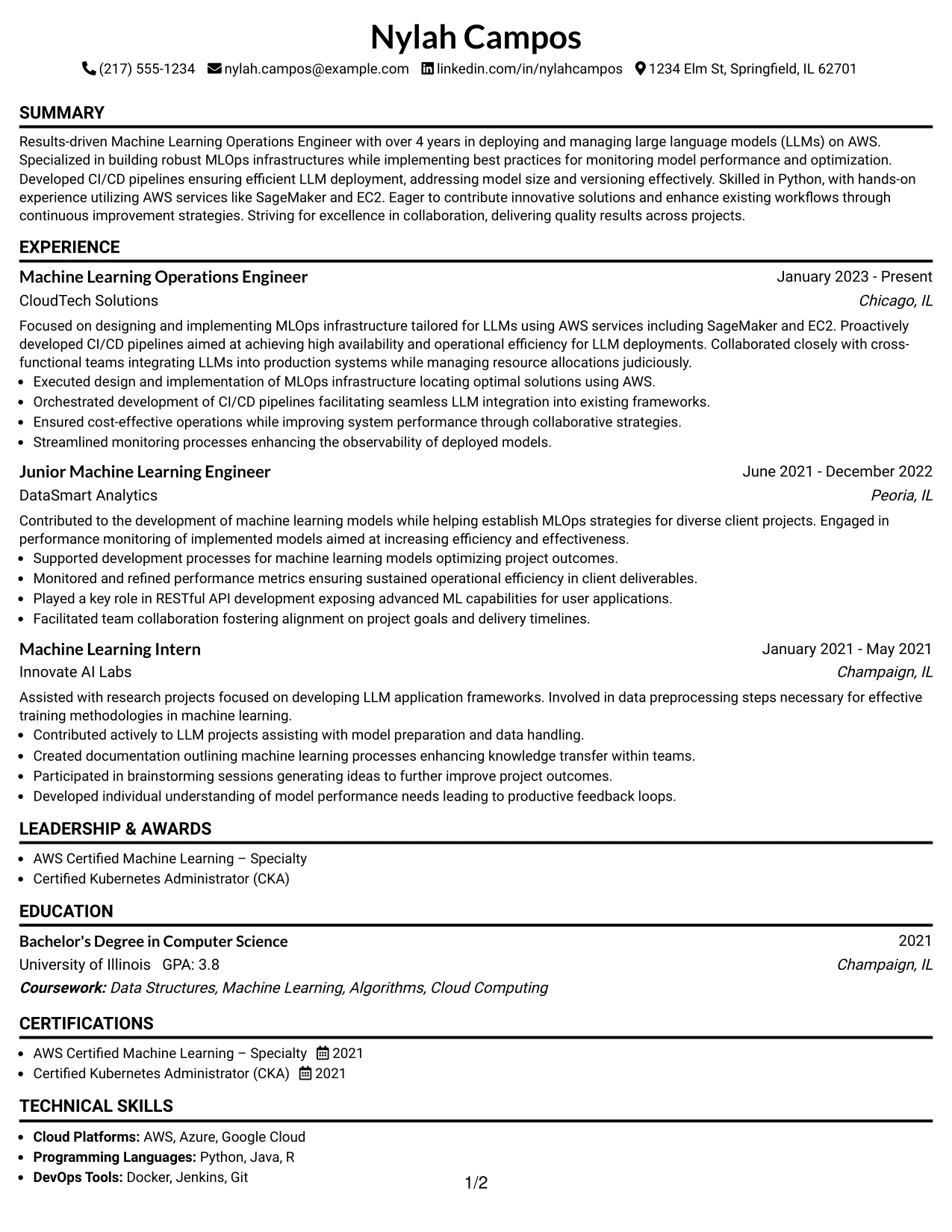 Resume Example Page 1
