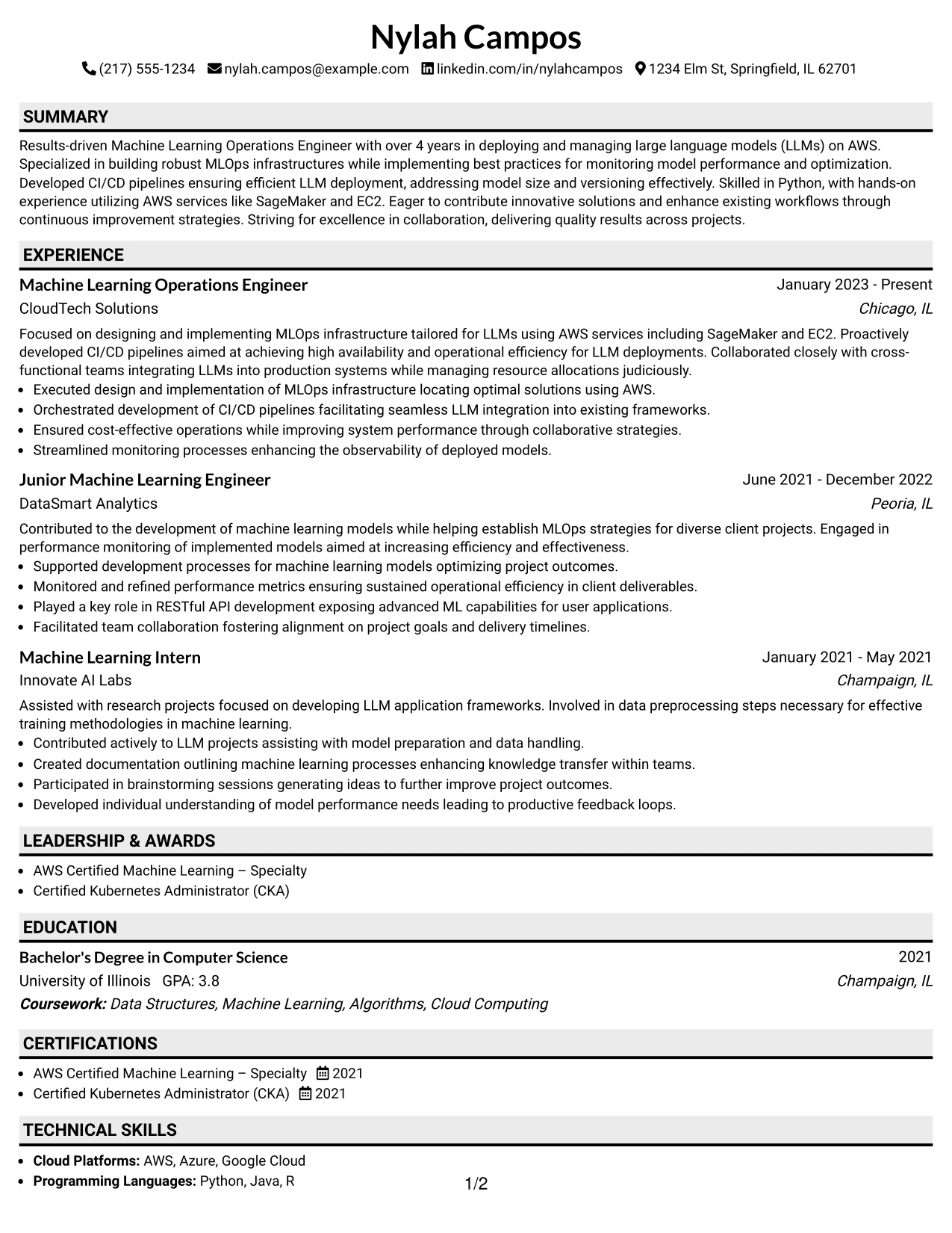 Resume Example Page 1