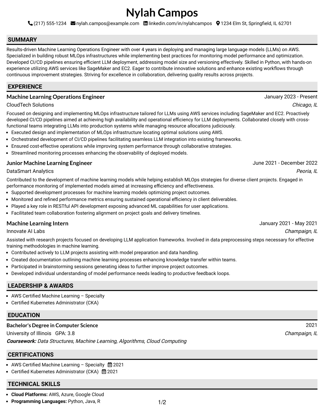 Resume Example Page 1