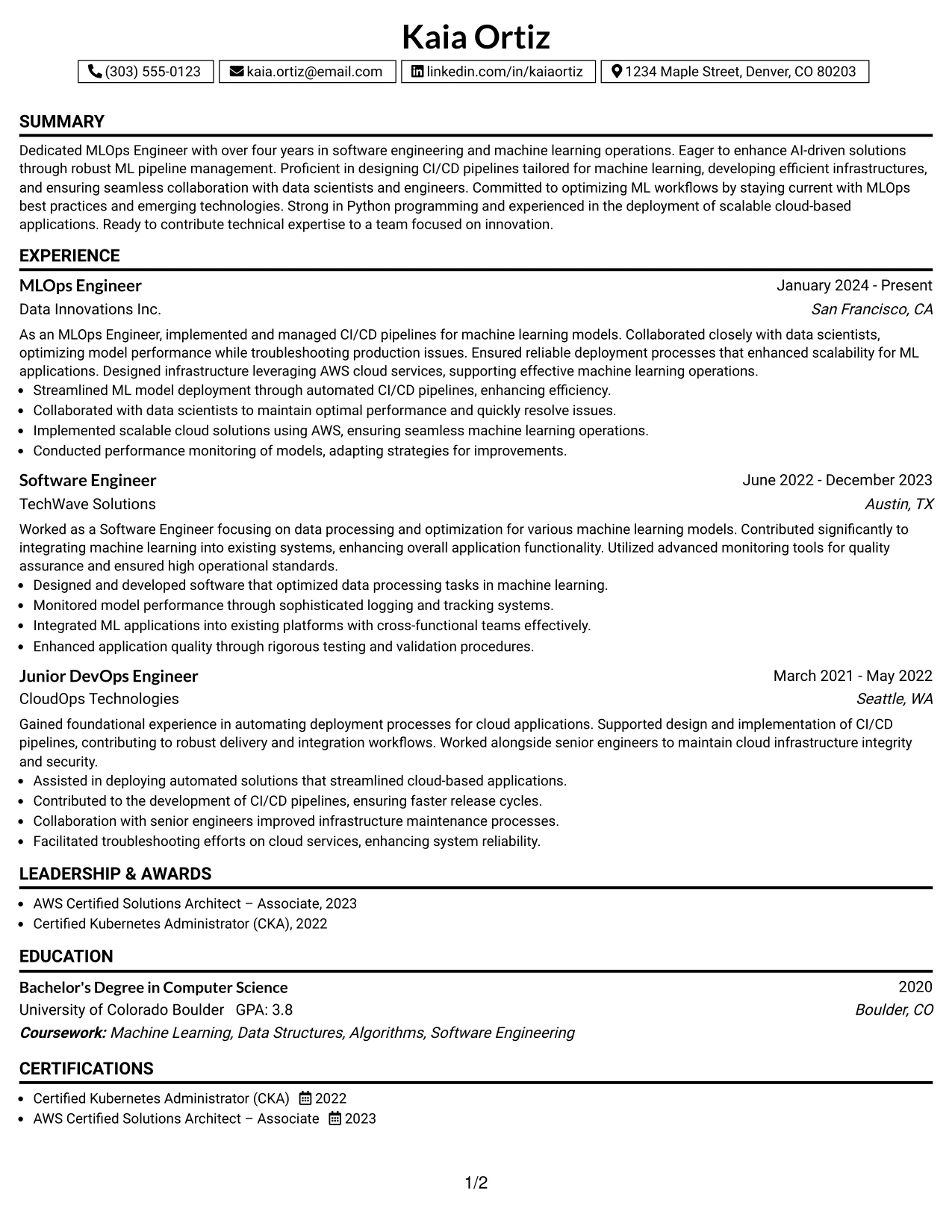 Resume Example Page 1
