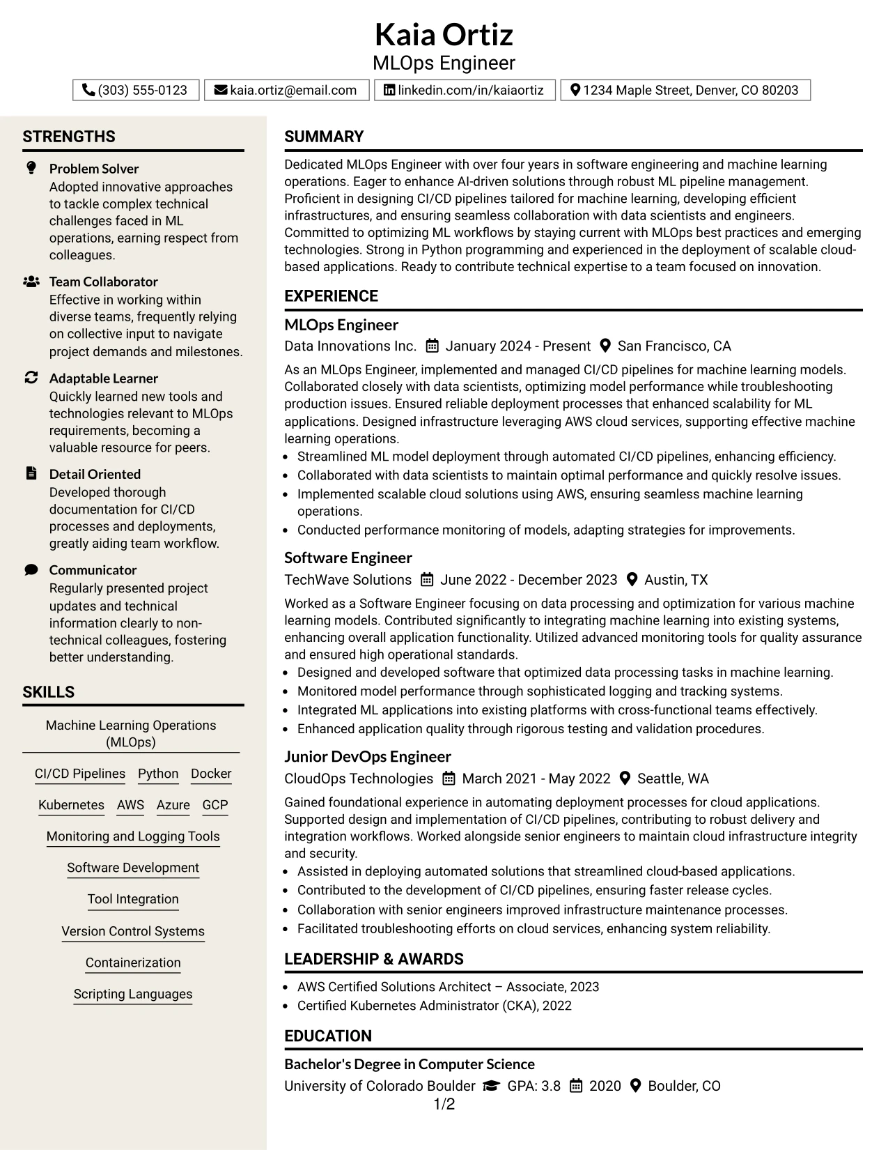 Resume Example Page 1