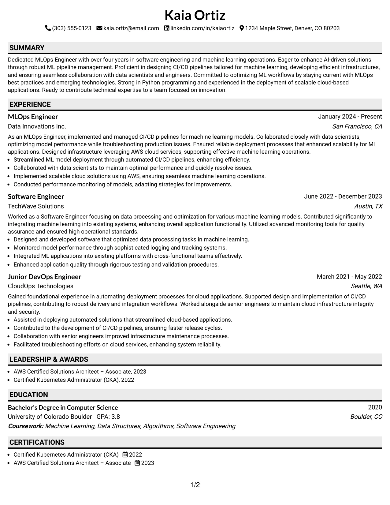 Resume Example Page 1