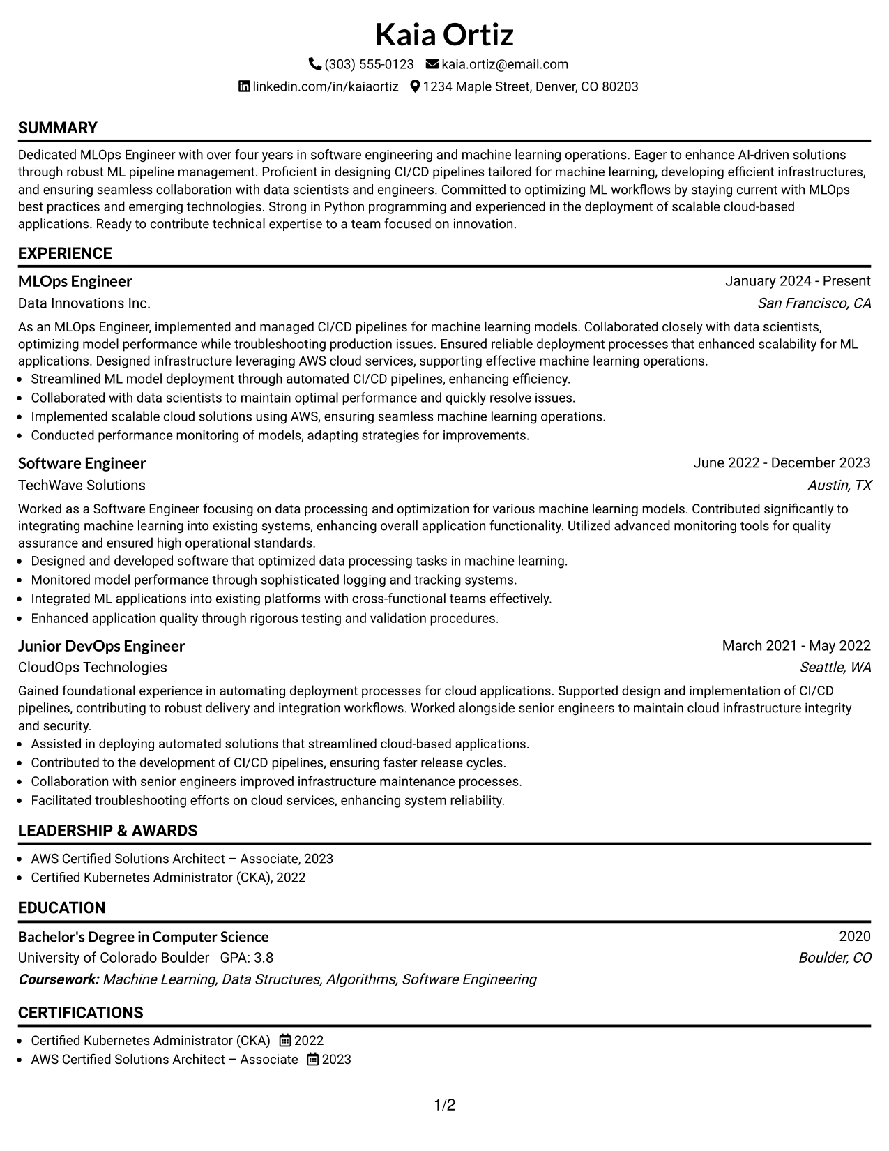 Resume Example Page 1