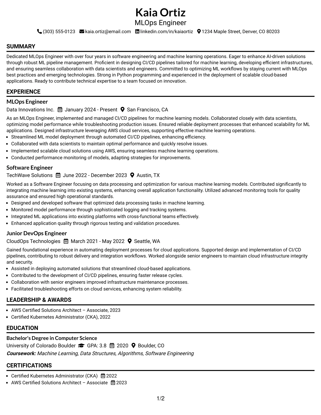 Resume Example Page 1
