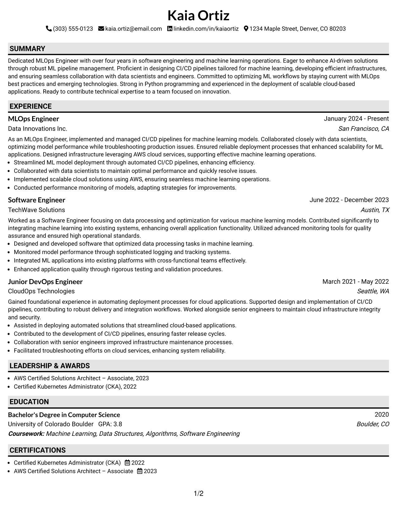 Resume Example Page 1